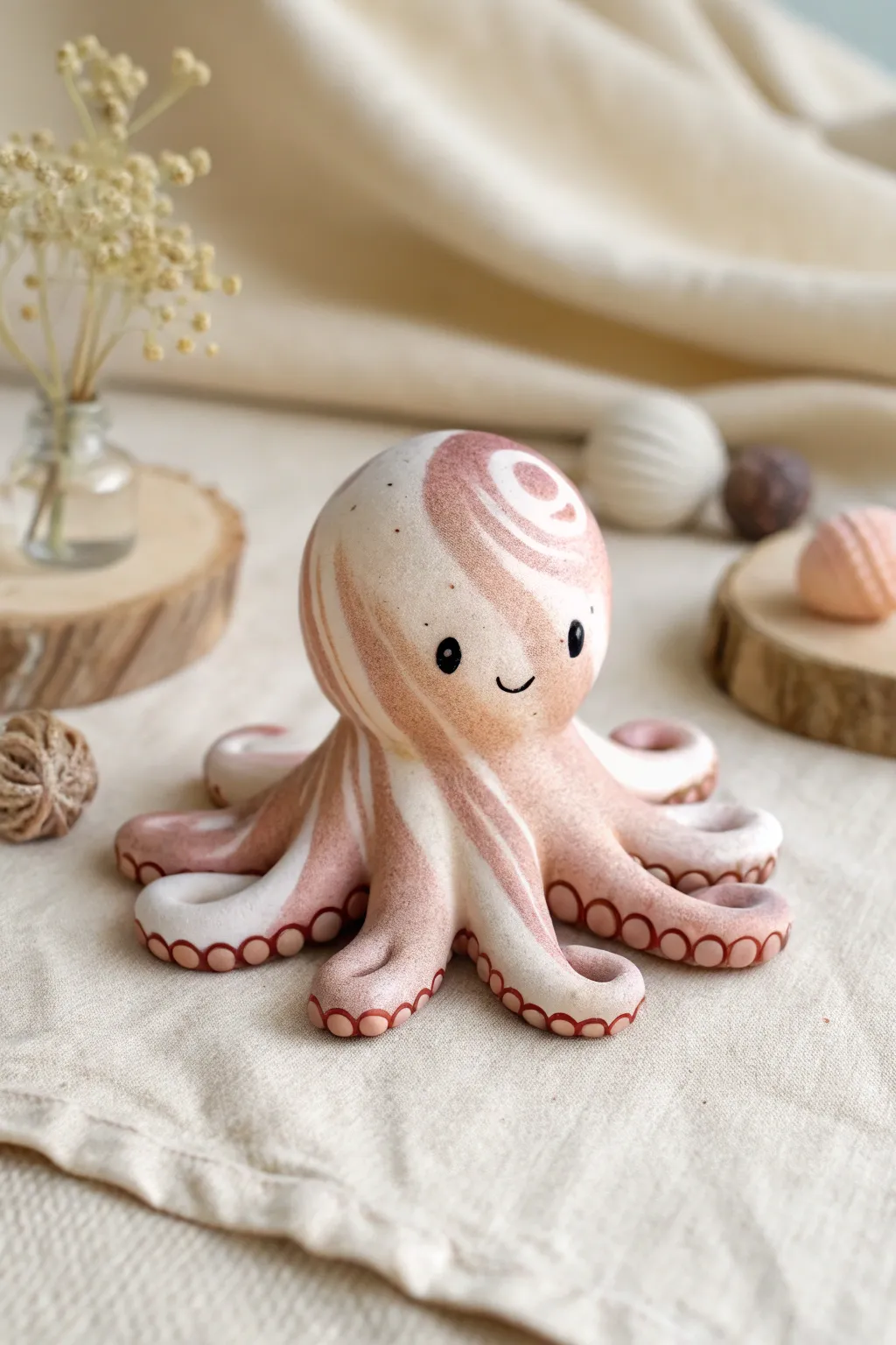 Two-tone swirl octopus in pink and cream, minimalist and cute, perfect beginner clay charm.