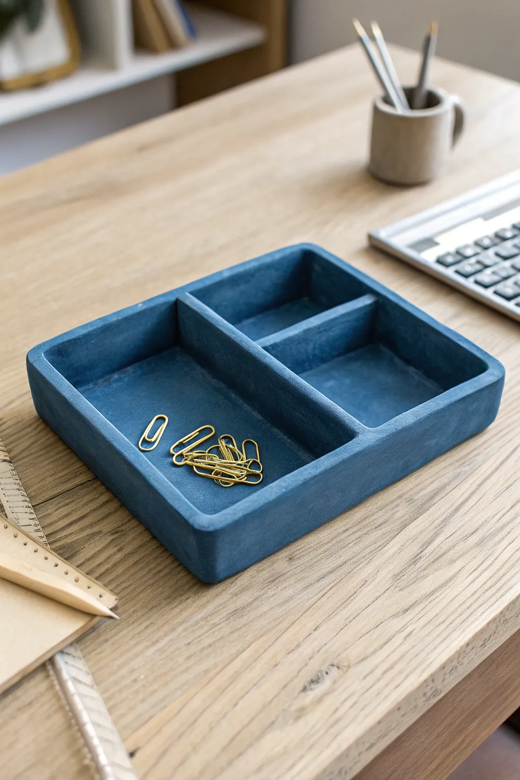 Bold one-color clay tray with dividers, styled simply for a calm, organized Scandinavian desk.