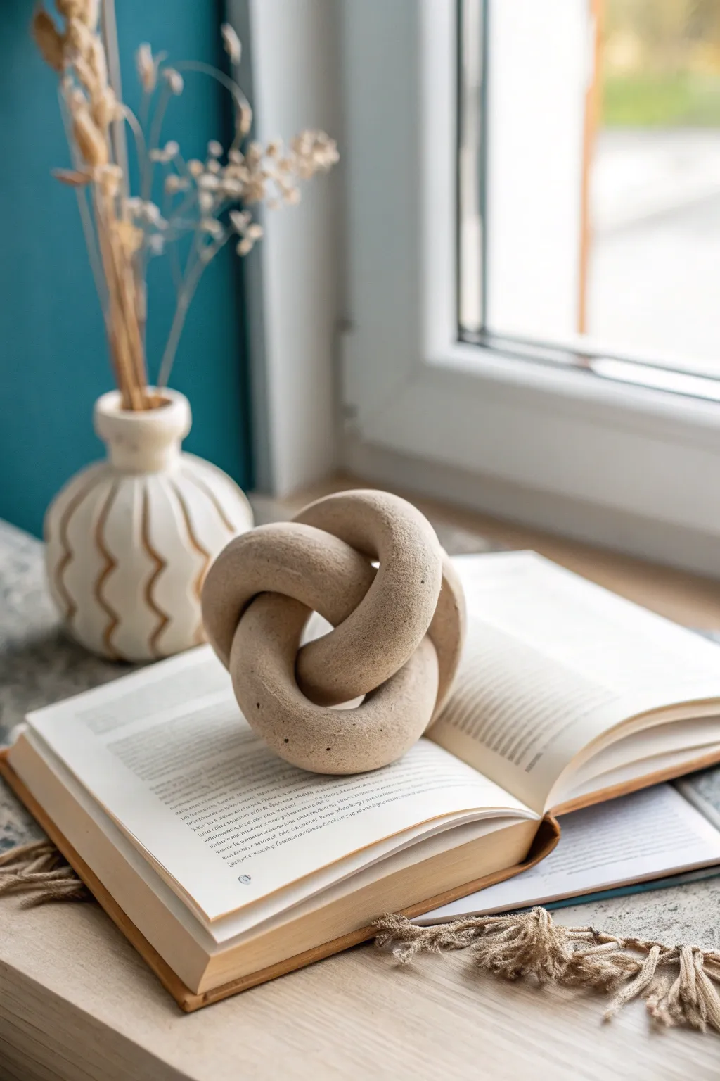 Sculptural oven-bake clay knot paperweight for a calm, modern desk with Scandinavian boho vibes.