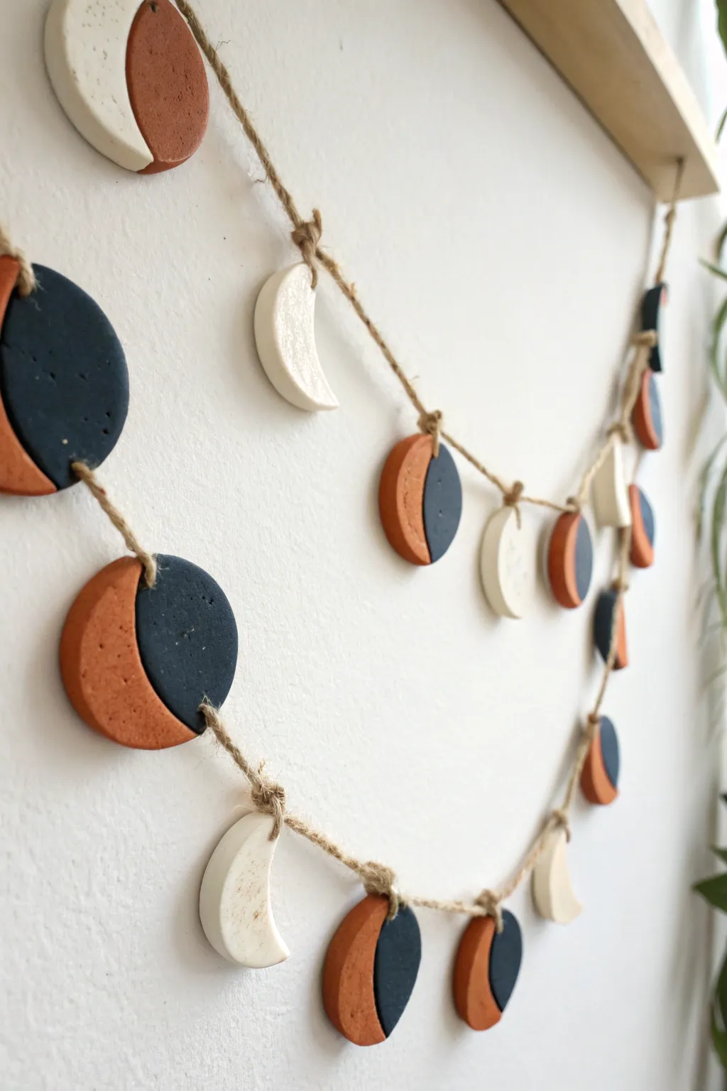 Beginner-friendly oven-bake clay moon phase garland with bold contrast and dreamy minimal style