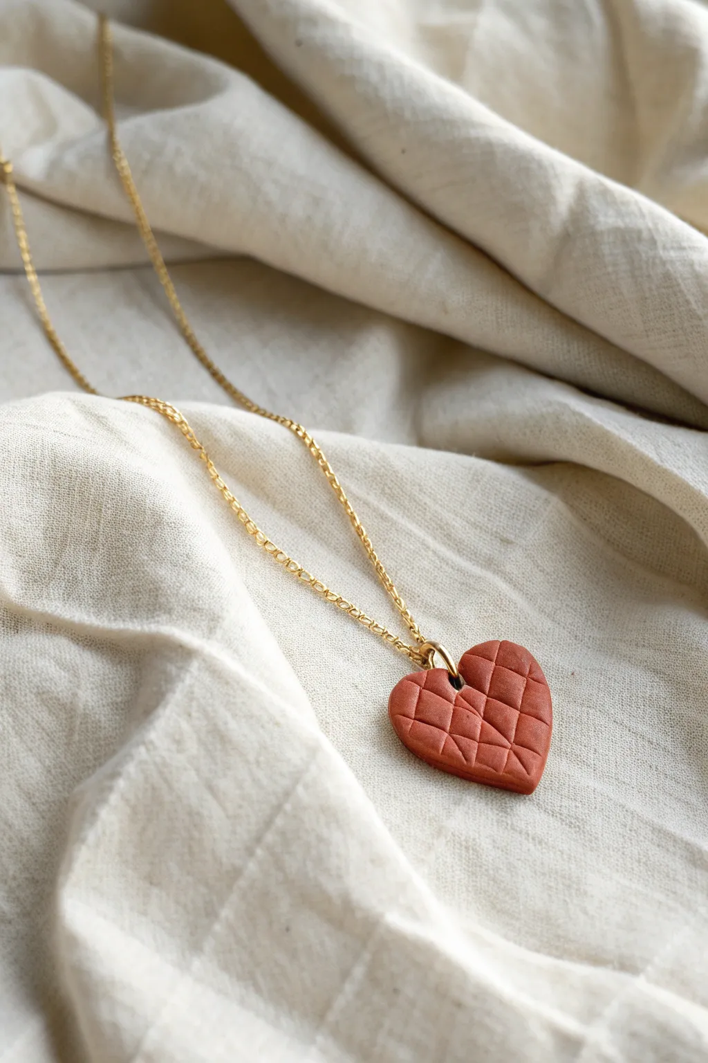 Quilted polymer clay charm necklace with cozy linen styling for an easy, handmade look