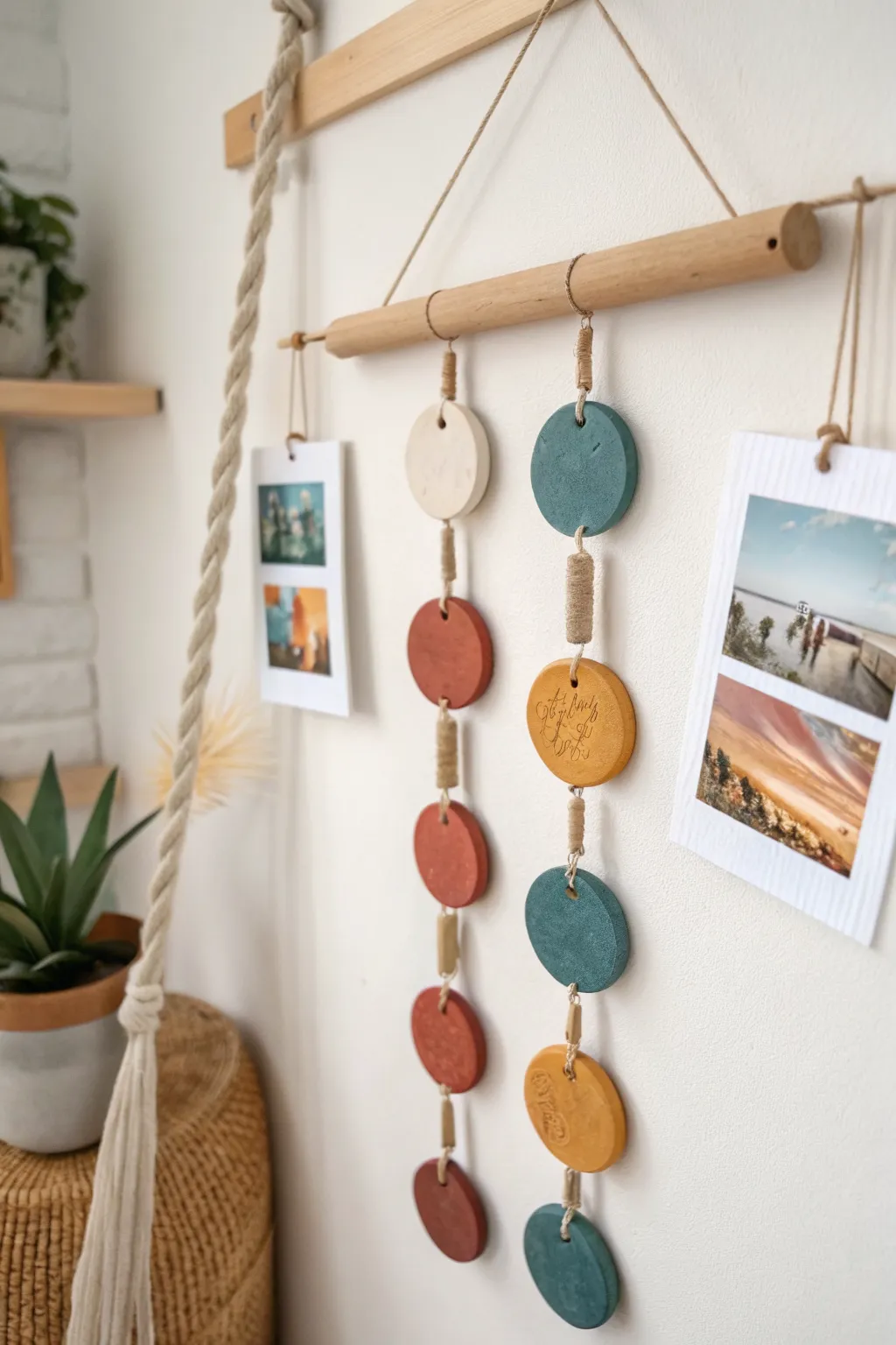 Minimal polymer clay photo wall hanger in bold boho tones, perfect for easy oven-bake DIY decor