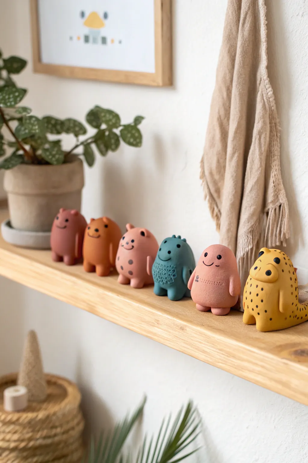 Palm-sized oven-dry clay creatures in bold hues, arranged as a sweet minimalist collectible set.