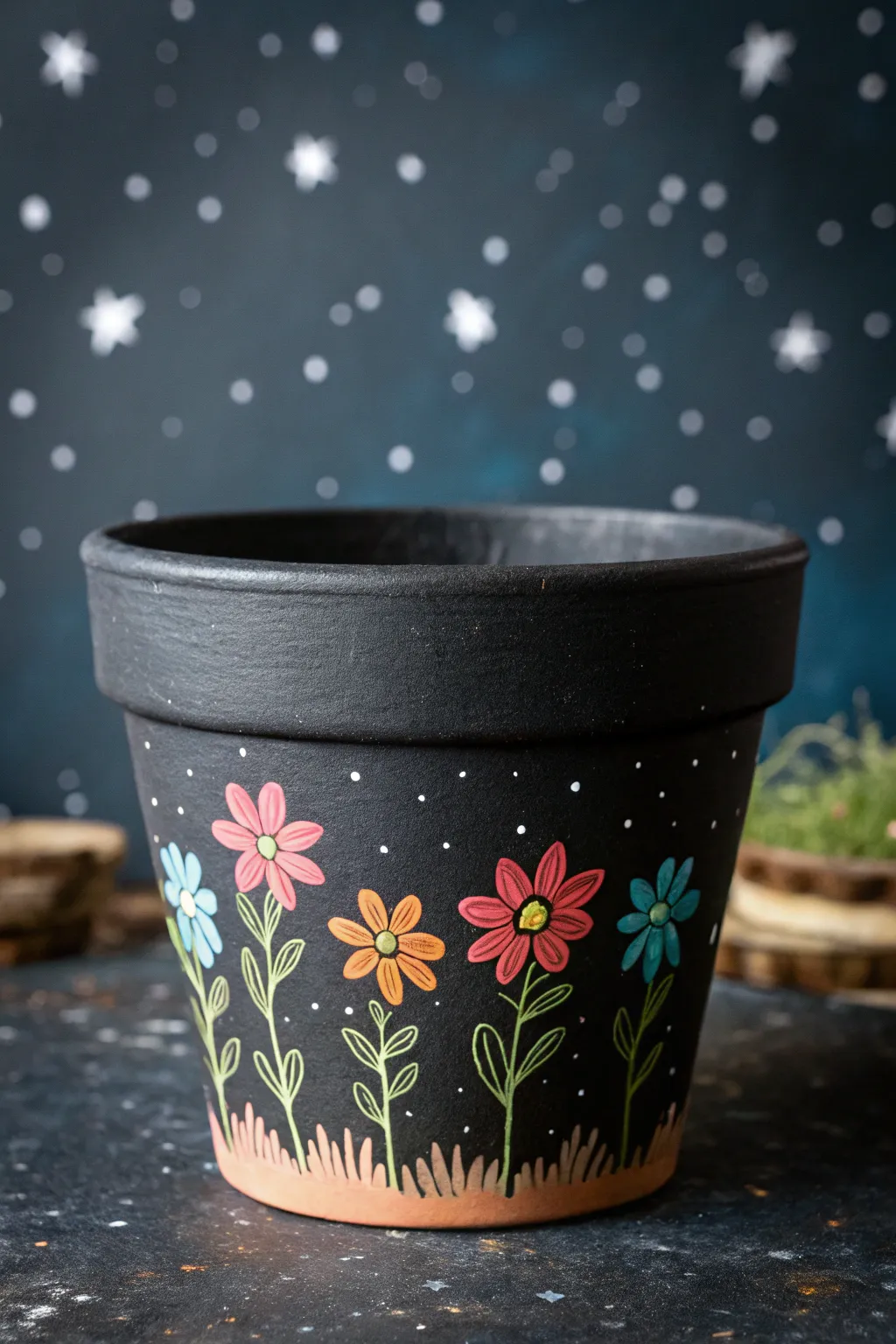 Night-sky flower pot with glowing blooms—simple, bold, and perfect for a cozy boho shelf.