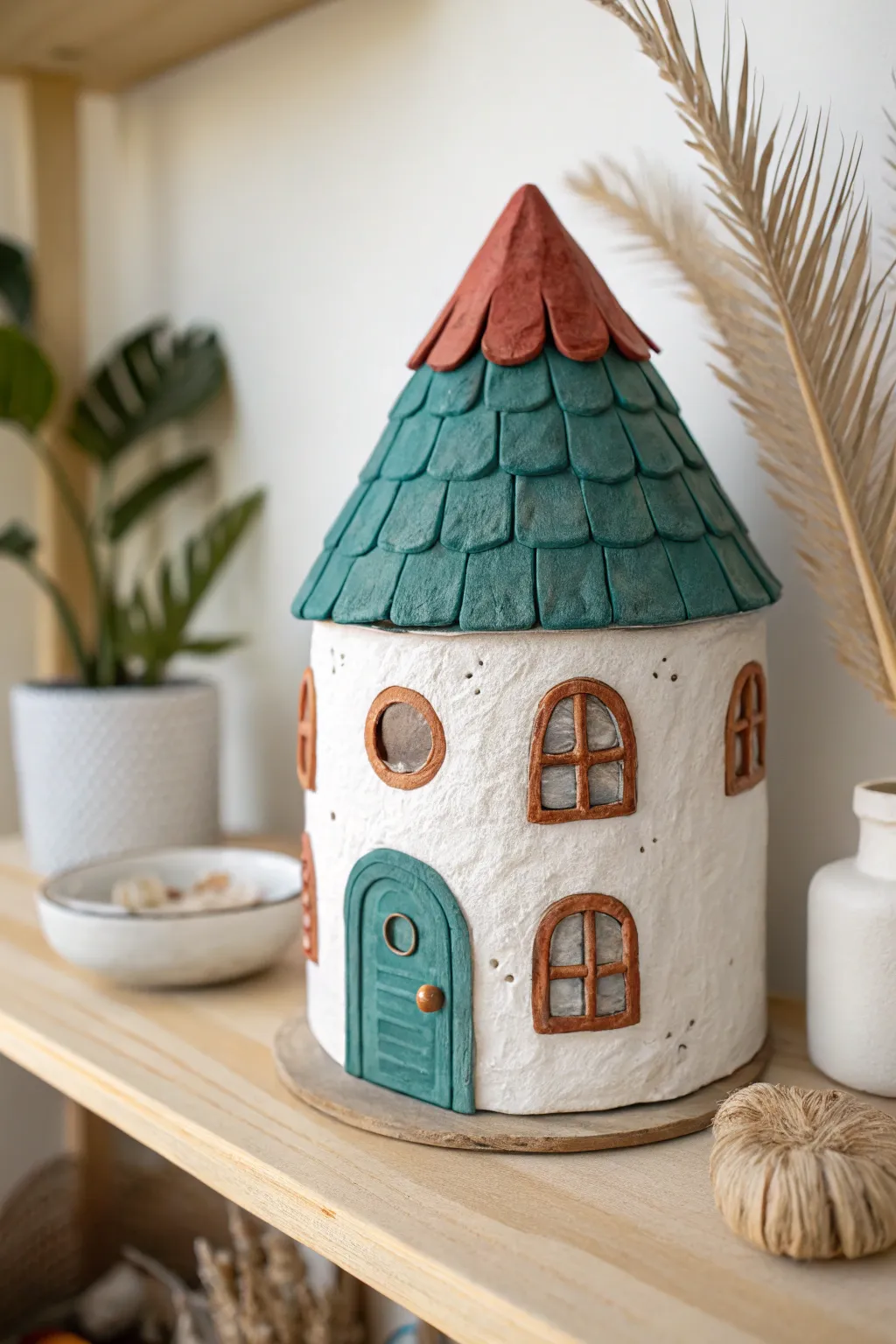 Whimsical paper clay fantasy house with textured roof, styled for cozy minimalist shelves