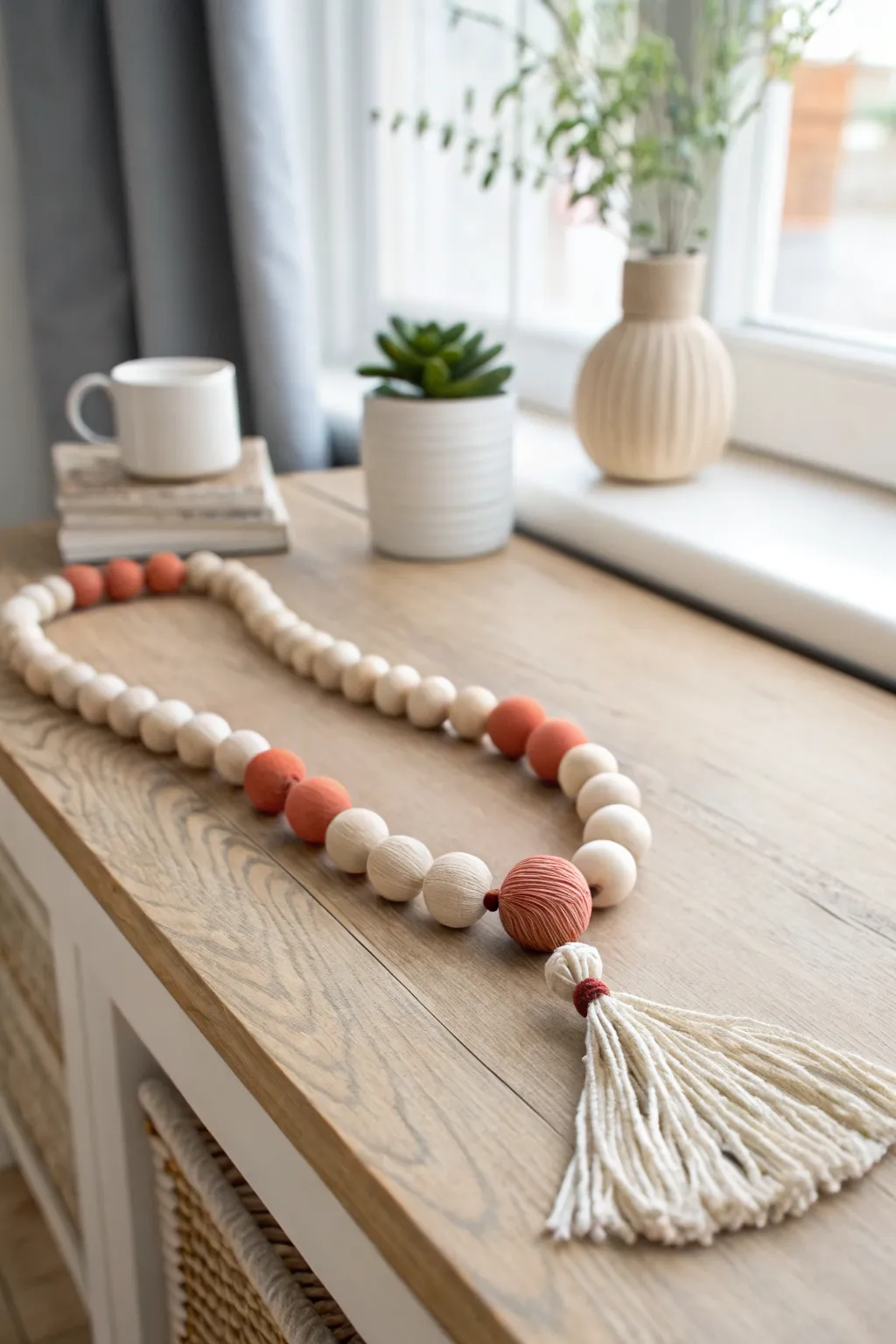 Chunky paper mache bead garland in soft matte neutrals, finished with a simple tassel.