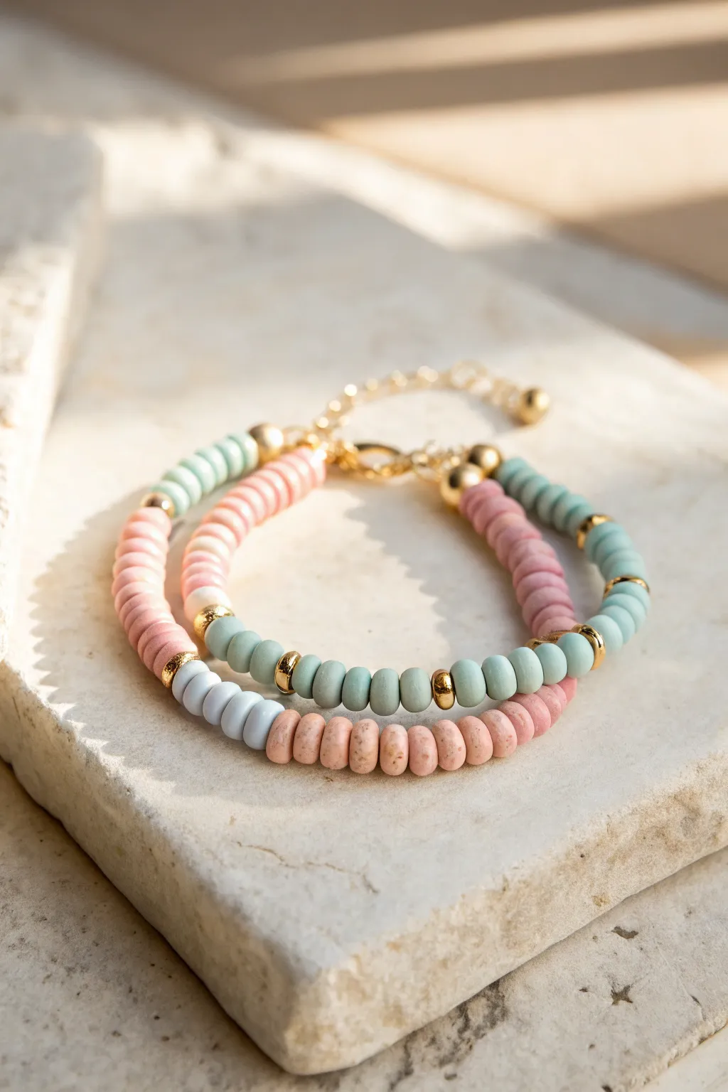 Two-strand pastel clay bead bracelet twist: striped and solid beads in a clean, boho-minimal look