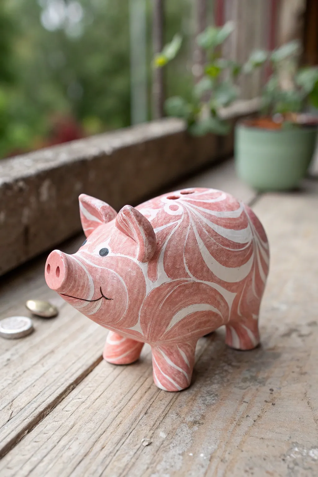 Marbled, pattern-stamped pig figurine with a crisp curly tail on a soft pastel backdrop.