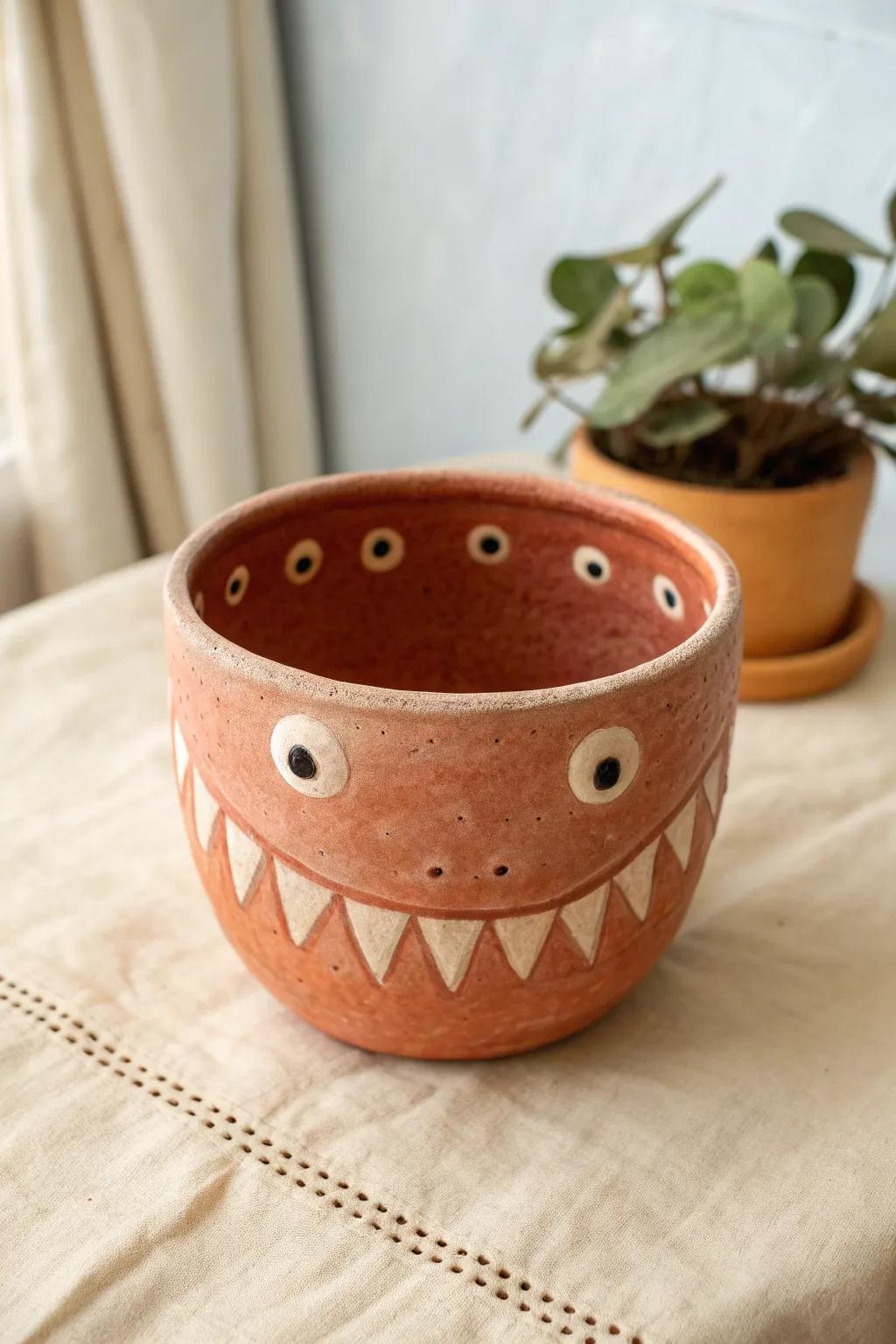 Make a cute pinch pot monster cup with a big mouth rim, tiny teeth, and bold coral glaze.