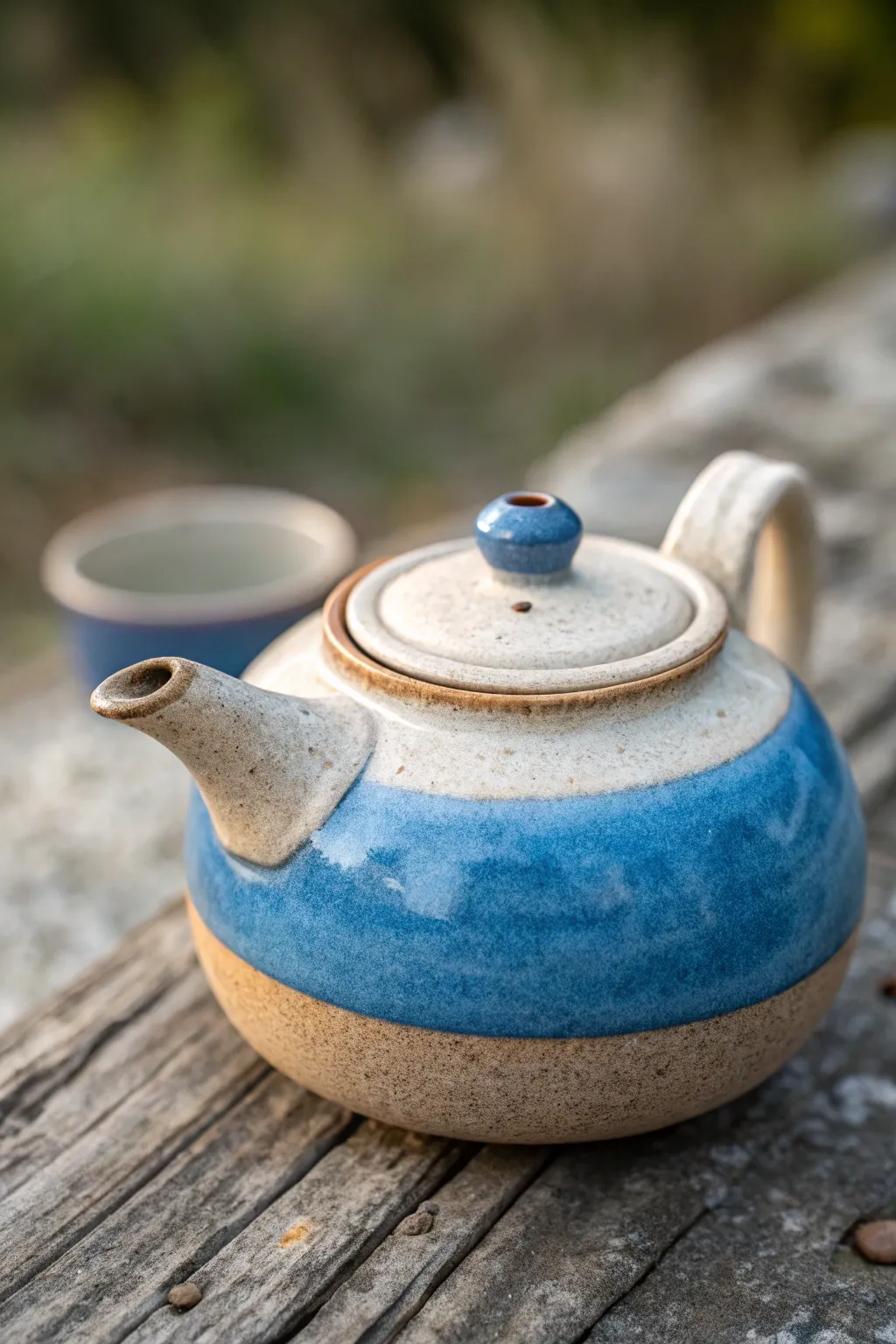 Tiny teapot whistle with spout mouthpiece, Scandinavian minimal form in bold cobalt and terracotta.