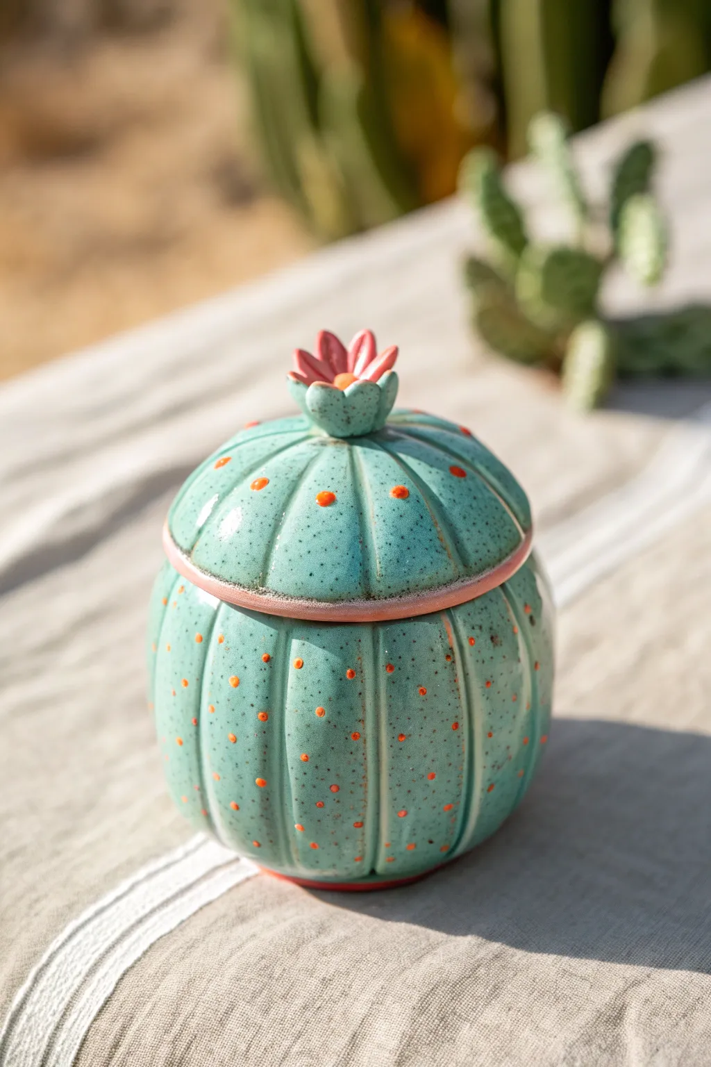 Sunny cactus pinch pot jar with a simple flower knob lid, bold glaze and minimalist boho charm.