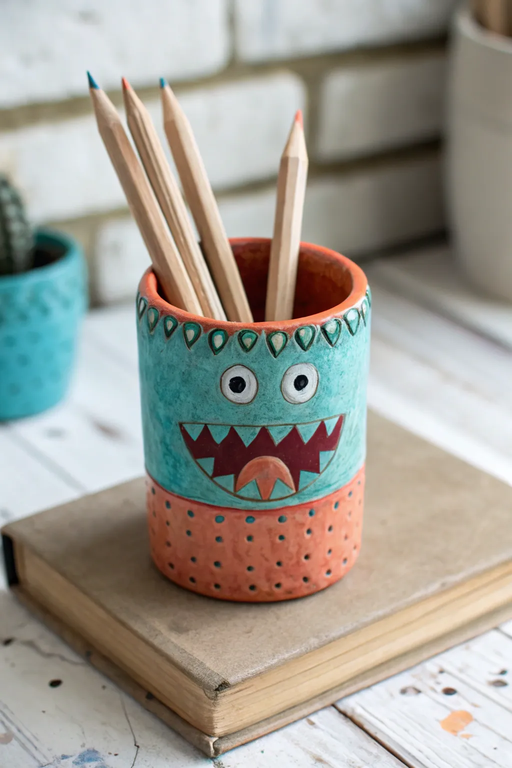 DIY pinch pot monster pencil cup with a hungry mouth rim, holding pencils in bold boho color