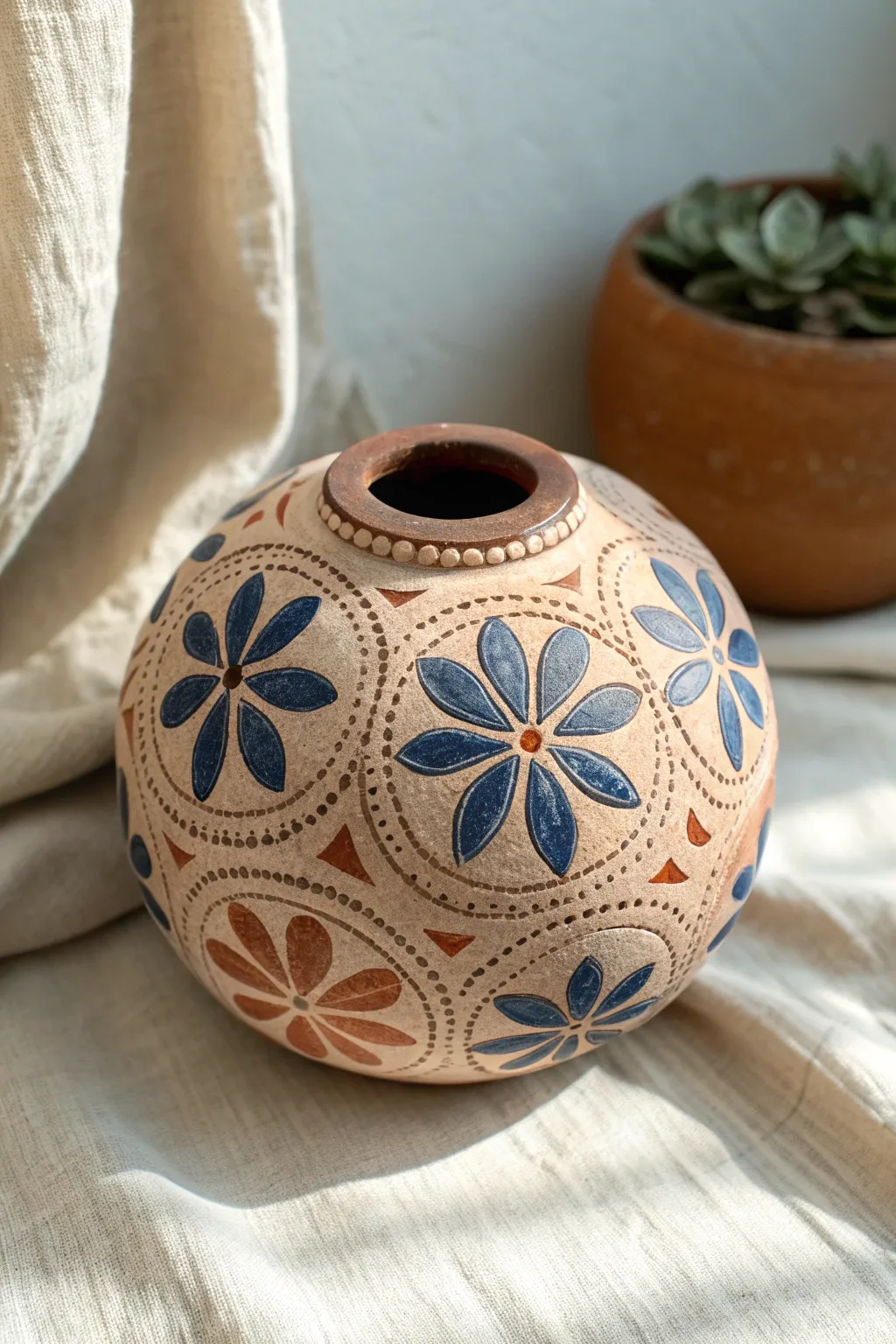 Seamless stamped pinch pot rattle with bold cobalt glaze and tactile floral texture, minimalist style.