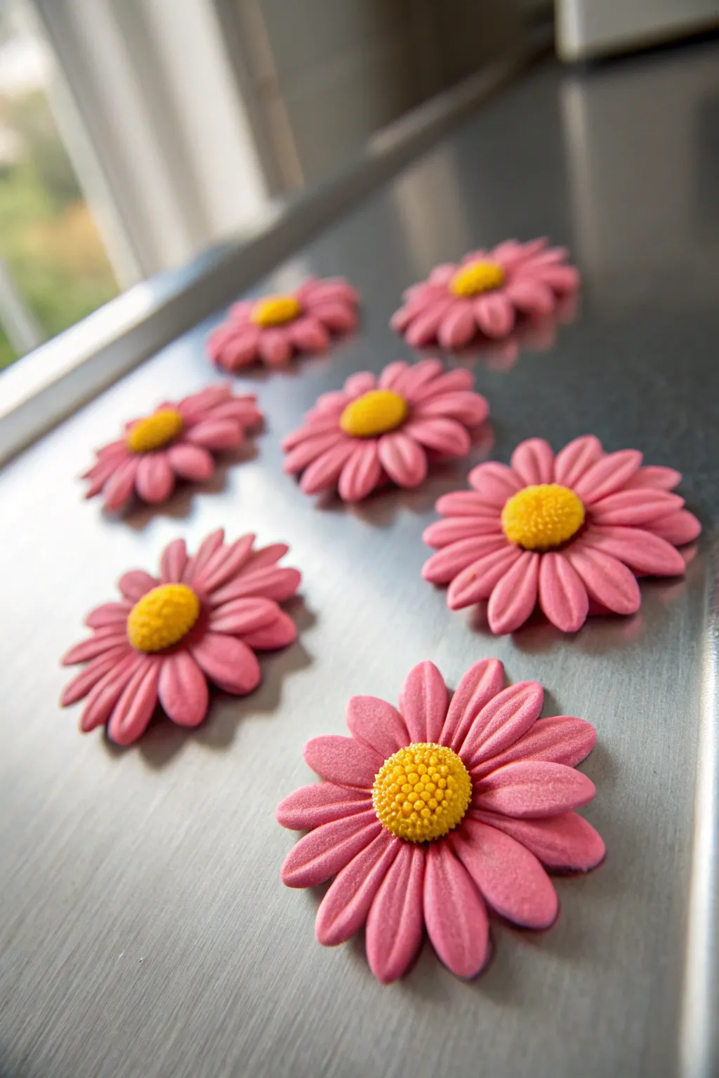 Pink clay daisy magnets with bright centers, styled minimal on cool metal for bold contrast.