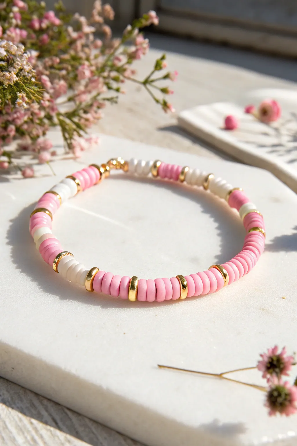 Pink confetti sprinkle heishi bracelet with gold spacers, bright and playful yet minimalist.