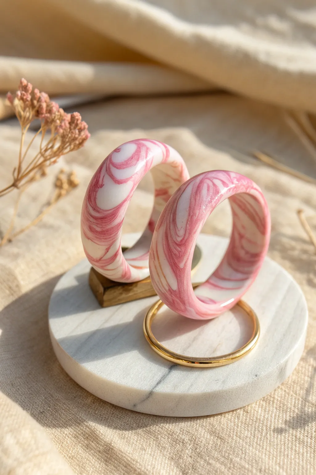 Minimal pink-and-white marbled swirl rings on a sleek stand, bold yet soft in a Scandinavian style