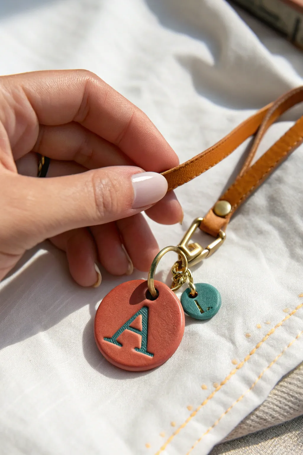 Bold polymer clay initial tag on a zipper pull, minimalist styling for easy bag personalization.