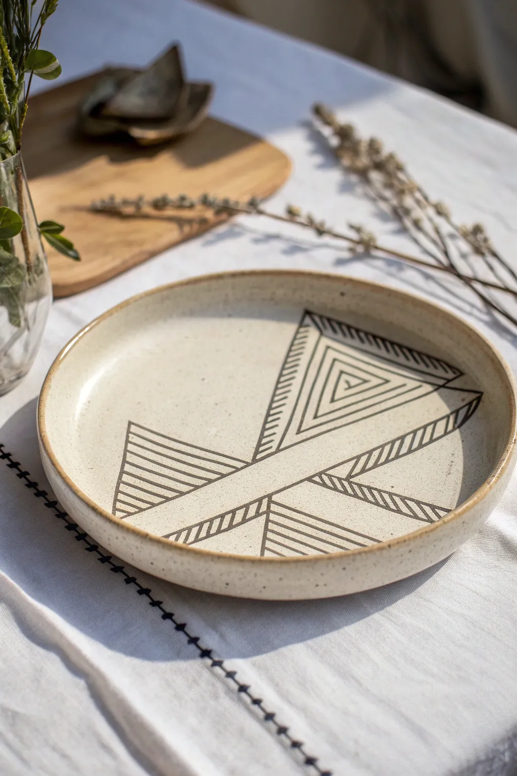 Crisp Mishima inlay lines create bold geometric contrast on a minimalist handmade plate