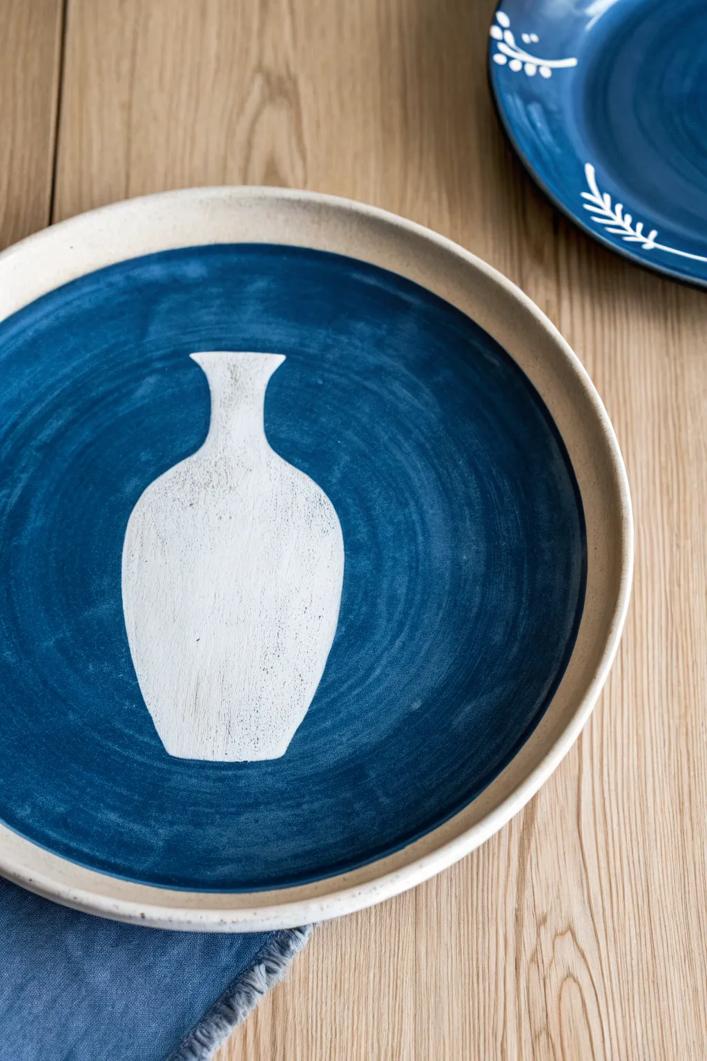 Midnight blue wash with crisp vase silhouette, a minimalist negative space plate idea.