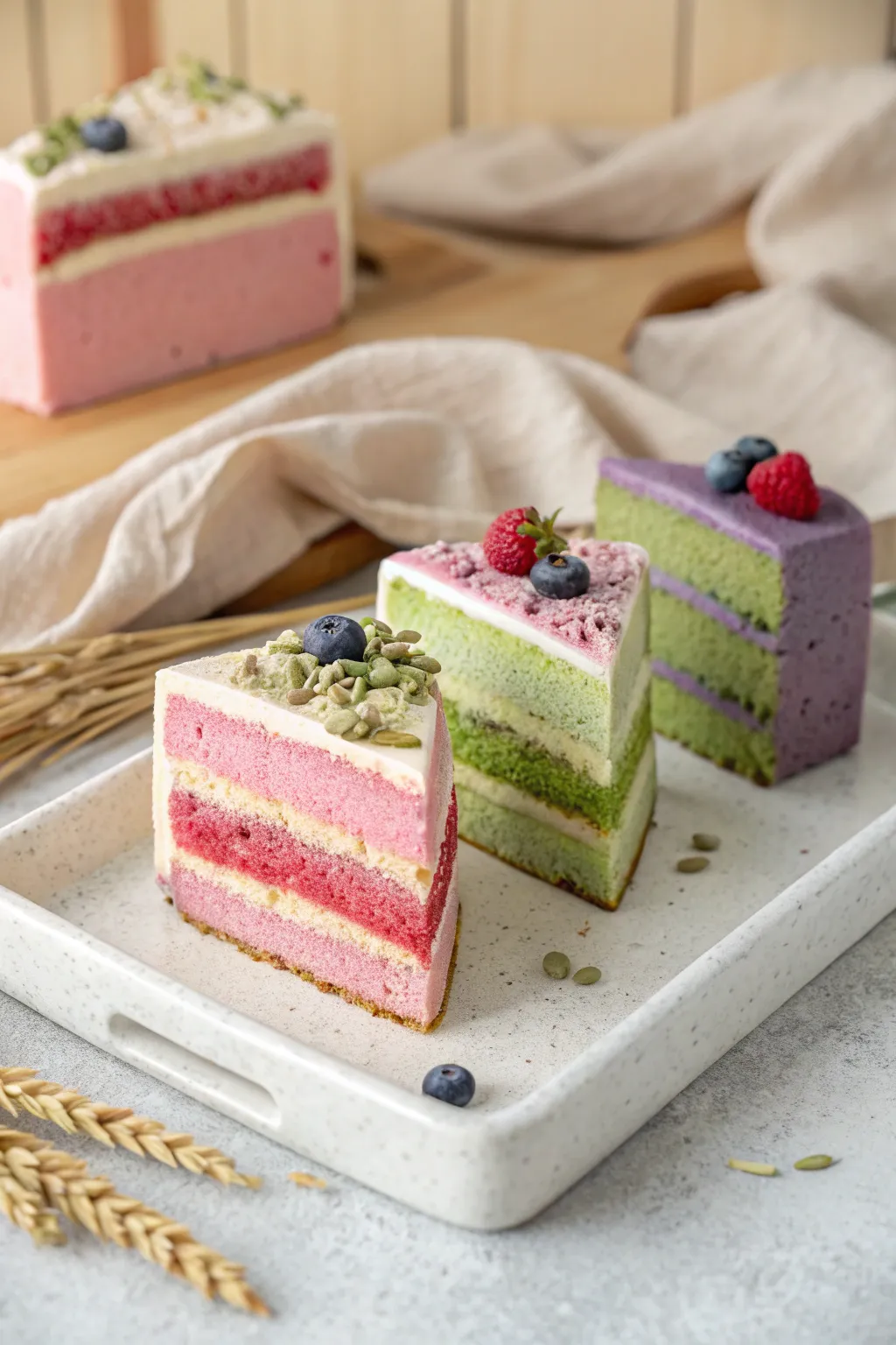 Stackable play clay cake slices with bold layers and frosting, styled in a minimalist bakery scene