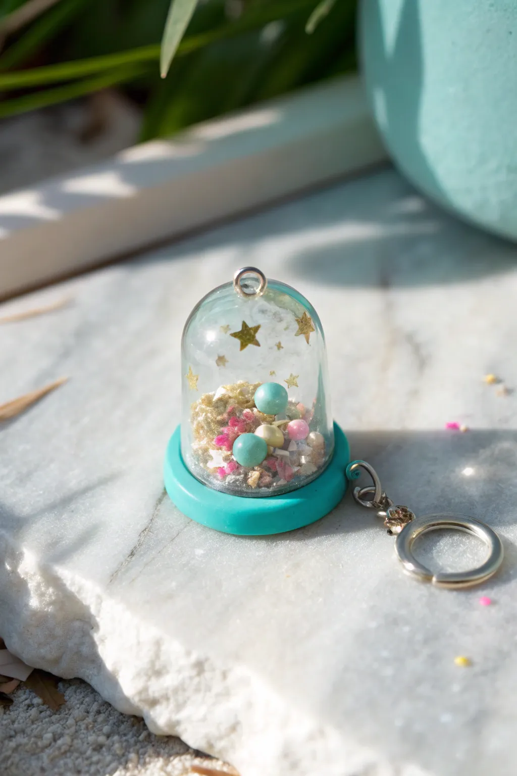 Minimalist polymer clay shaker charm with floating stars and beads, bold color pop