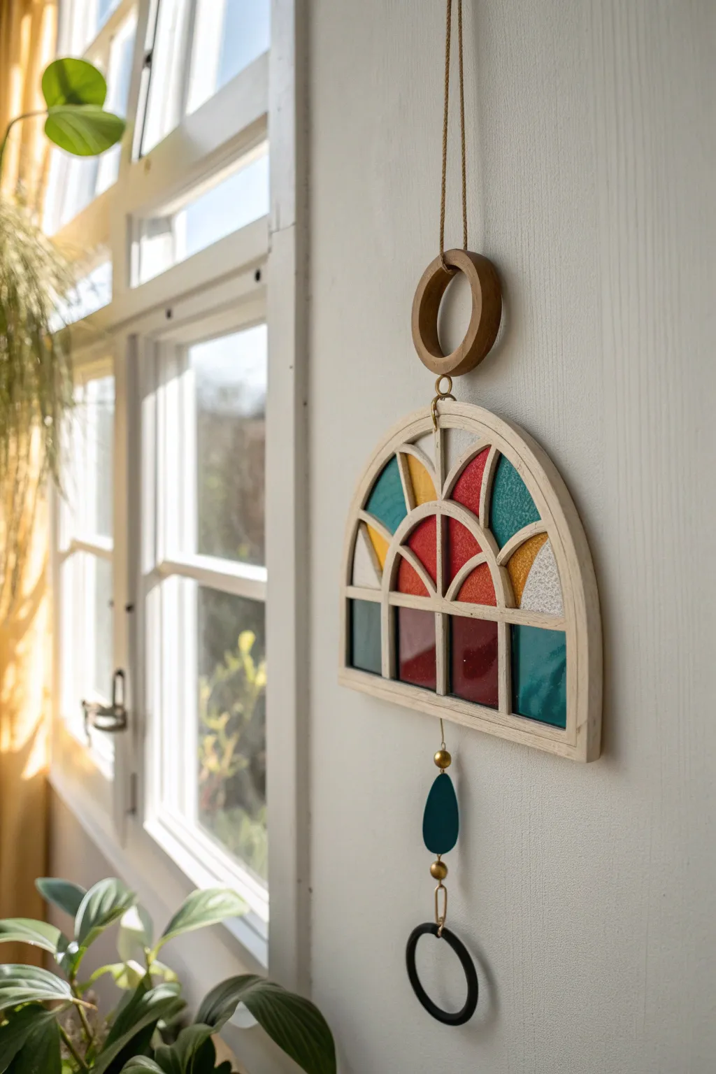 Translucent polymer clay suncatcher glowing in sunlight, casting bold stained-glass shadows