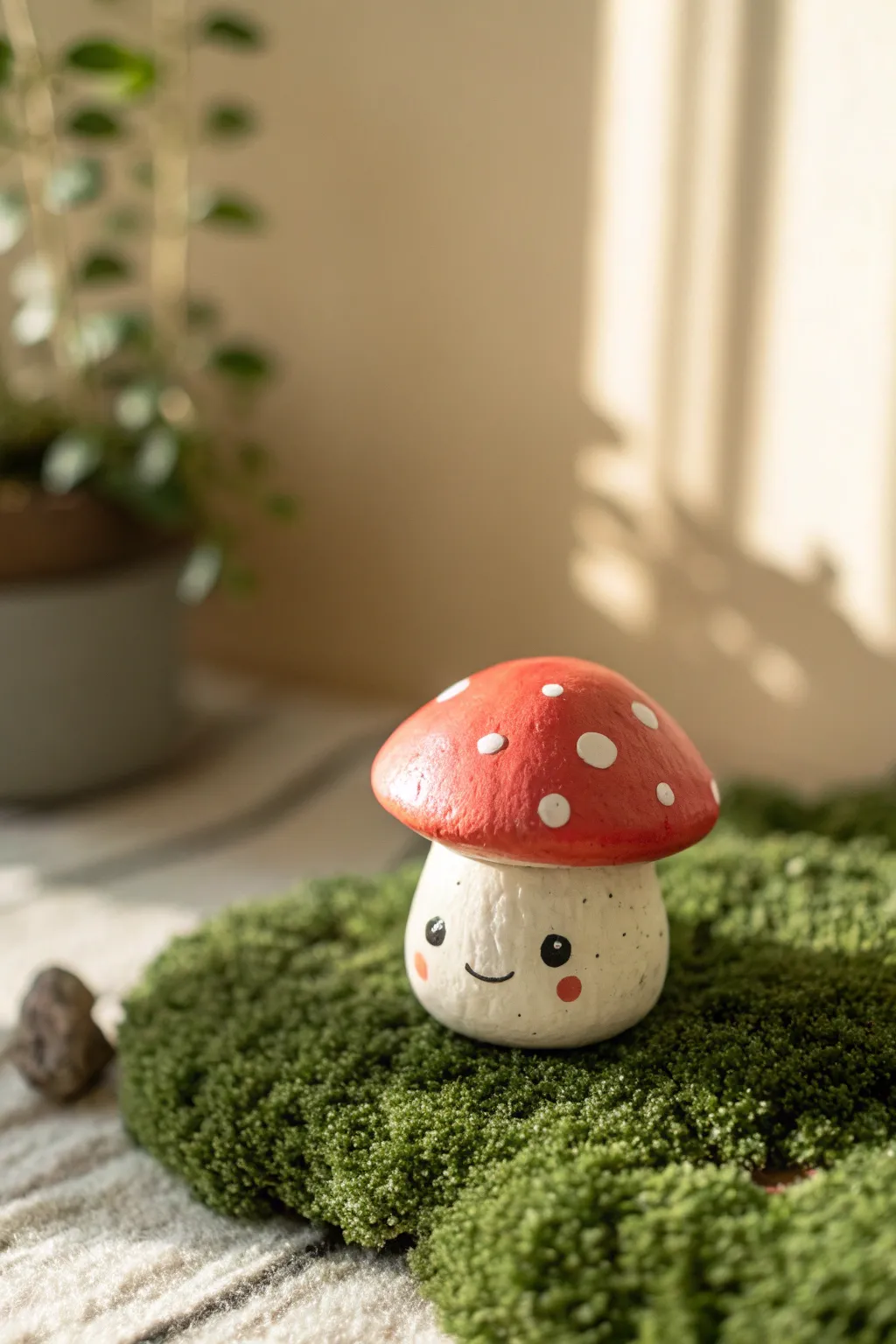 Sweet polymer clay mushroom buddy with a bold cap and tiny smile, perfect for cozy forest vibes