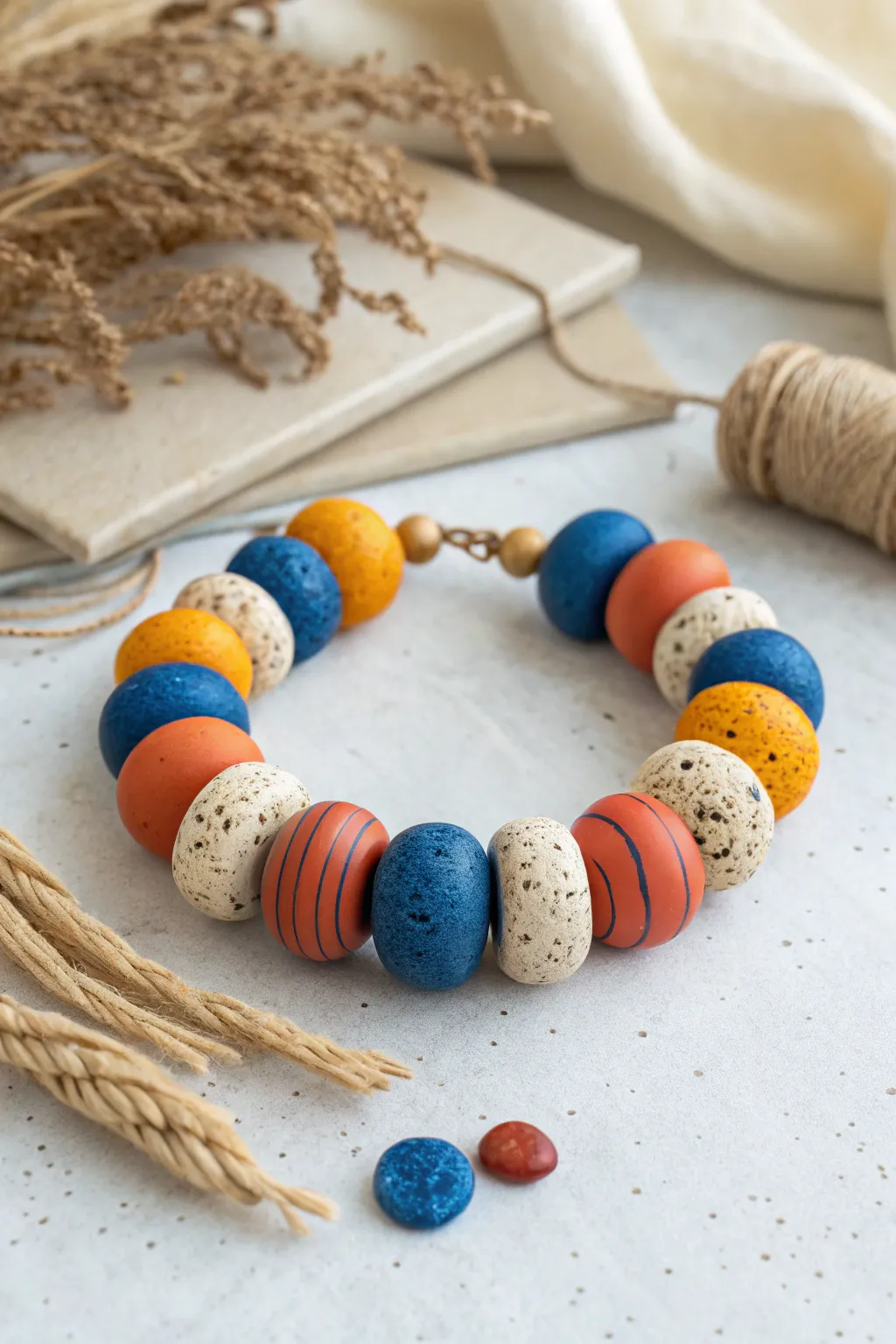 Chunky polymer clay bead bracelet in bold modern colors, styled in minimalist boho light.