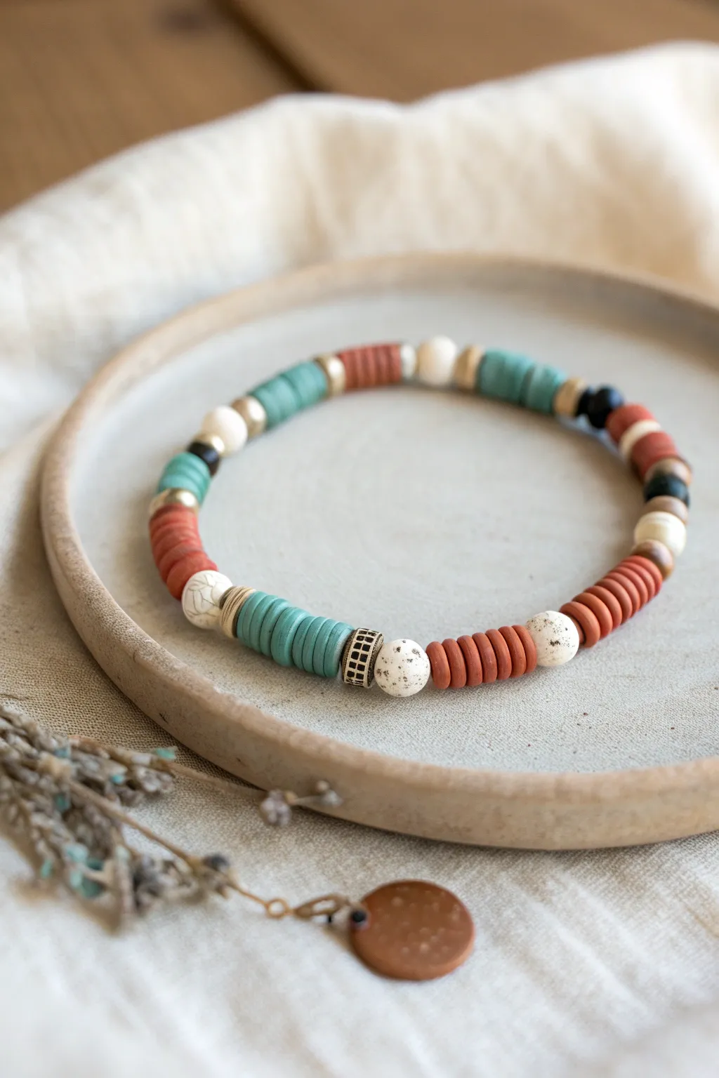 Heishi bead bracelet with bold chunky polymer accents for modern texture and contrast