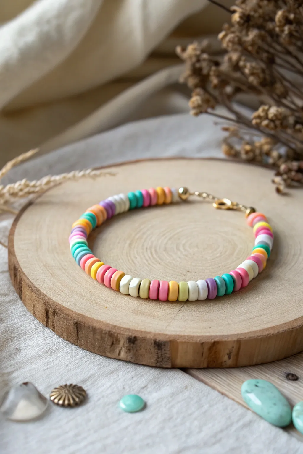 Bright heishi bracelet with a glow-effect segment, minimalist boho styling and cozy evening contrast.