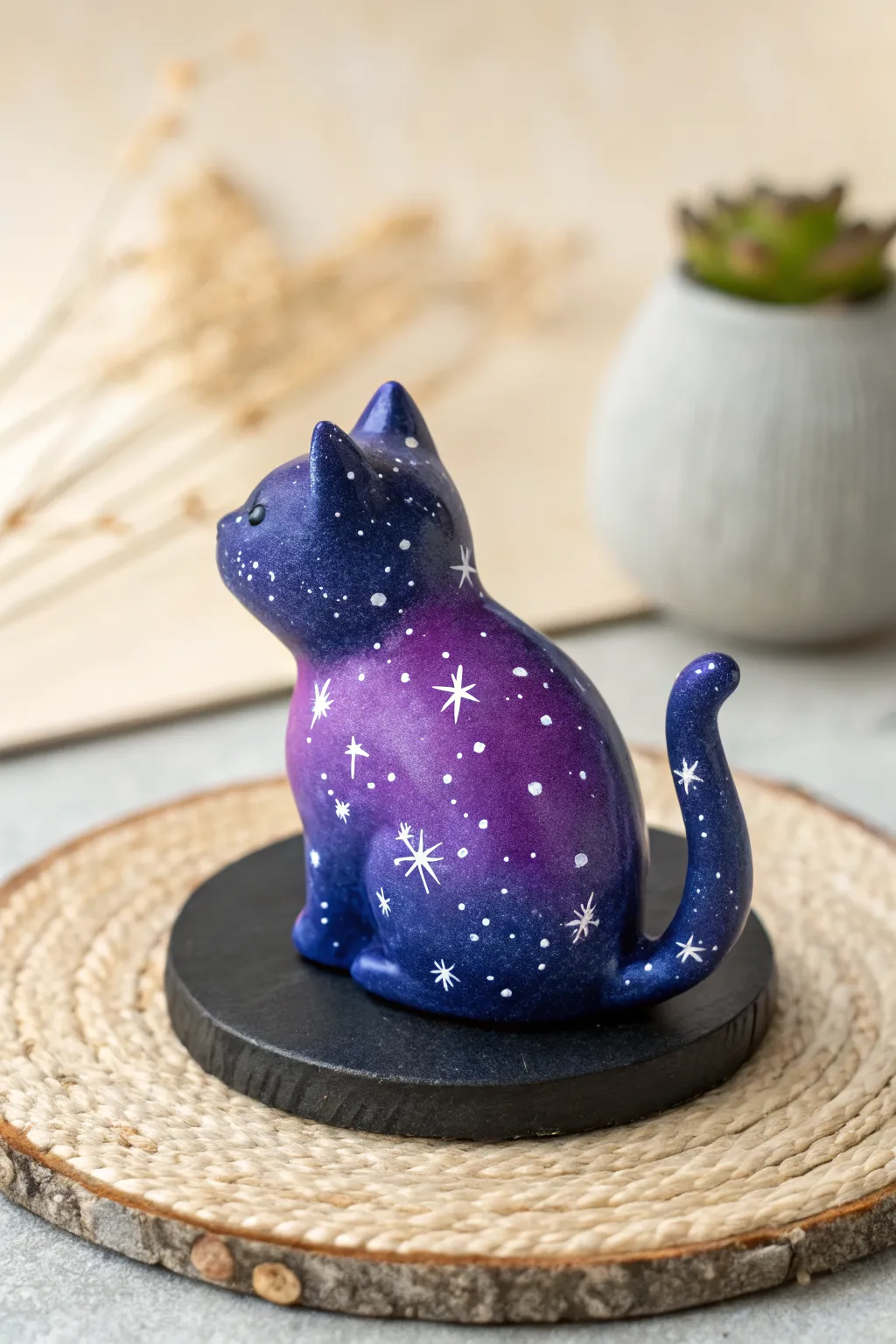 Galaxy cat mini in deep blues and purples, sprinkled with star speckles for bold minimalist charm.