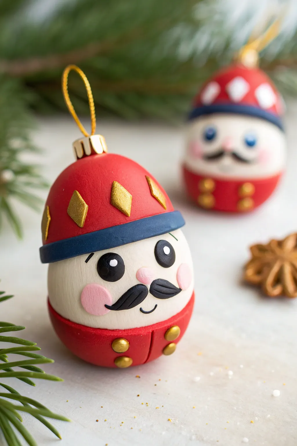 Mini nutcracker face ornament in bold holiday colors, simple details, charming handmade look.