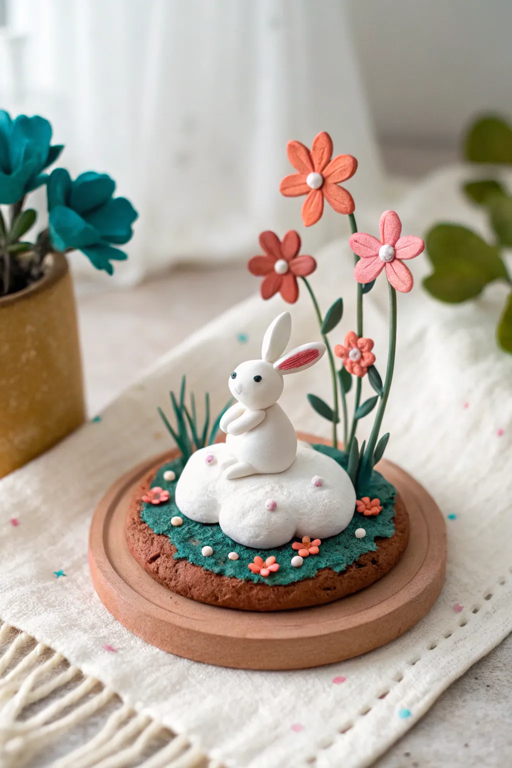 Tiny polymer clay bunny on a cloud diorama, minimalist magic with bold boho florals
