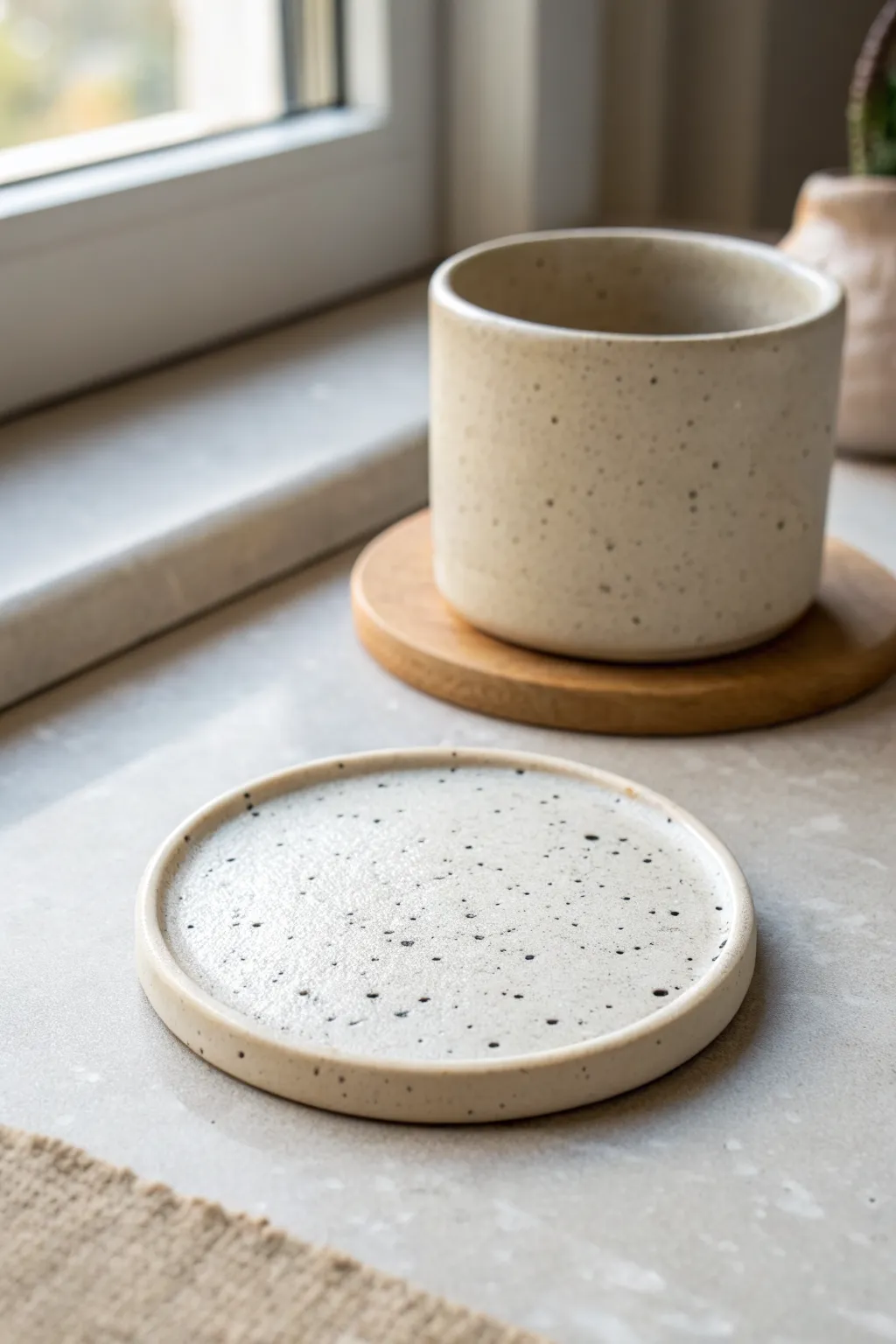 Faux speckled stoneware look: an easy off-white polymer clay coaster with modern minimal charm.
