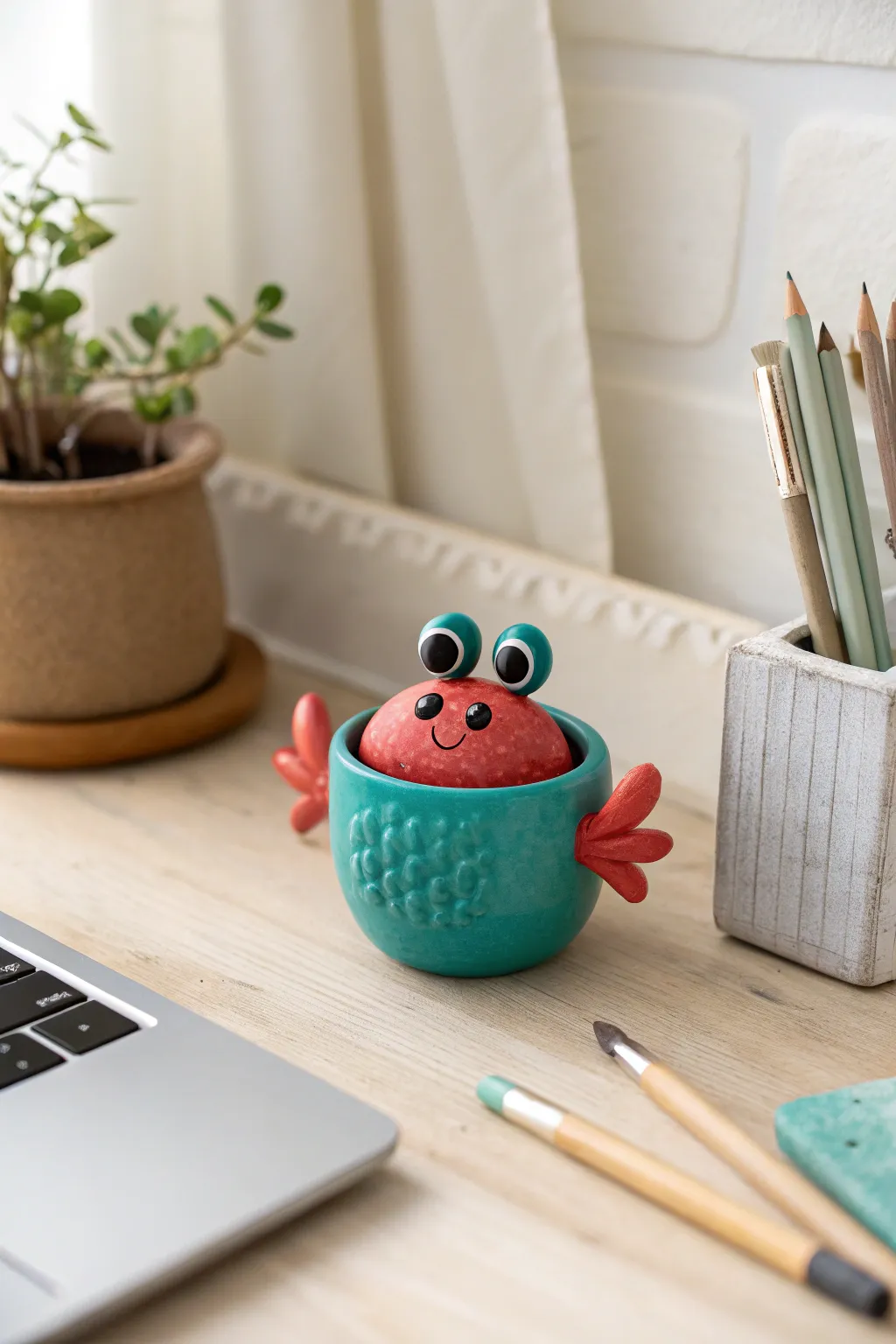 DIY polymer clay crab holder adds bold color and keeps pens tidy in minimalist style.