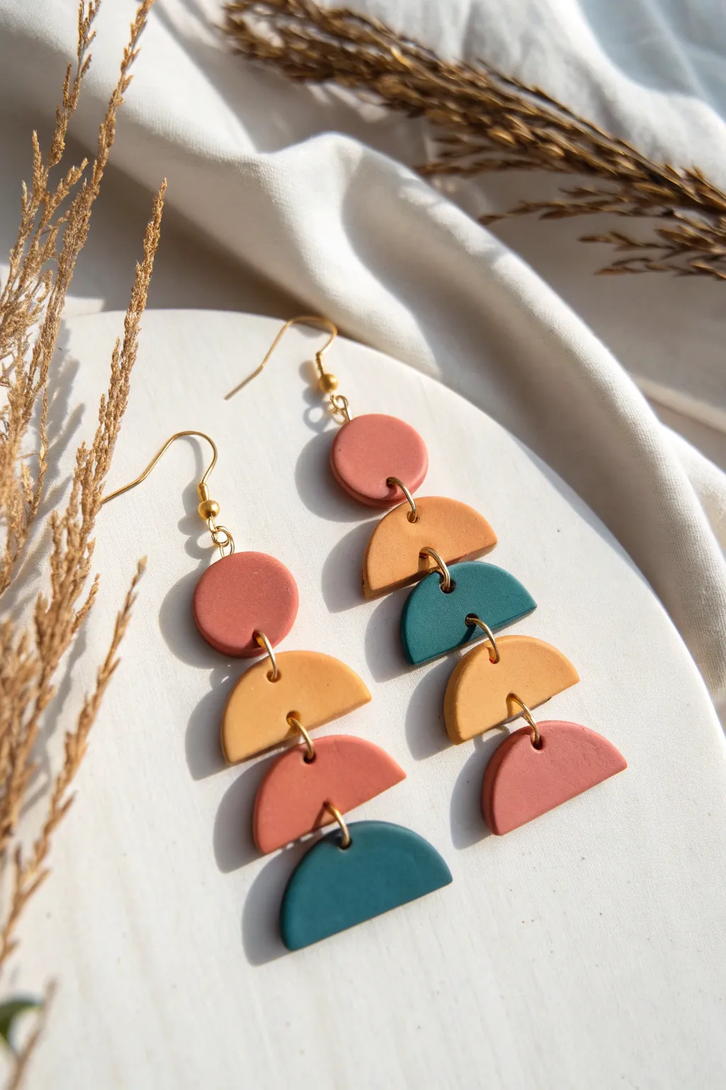 Sculptural polymer clay mobile-style dangles with asymmetrical shapes in bold boho color blocks.