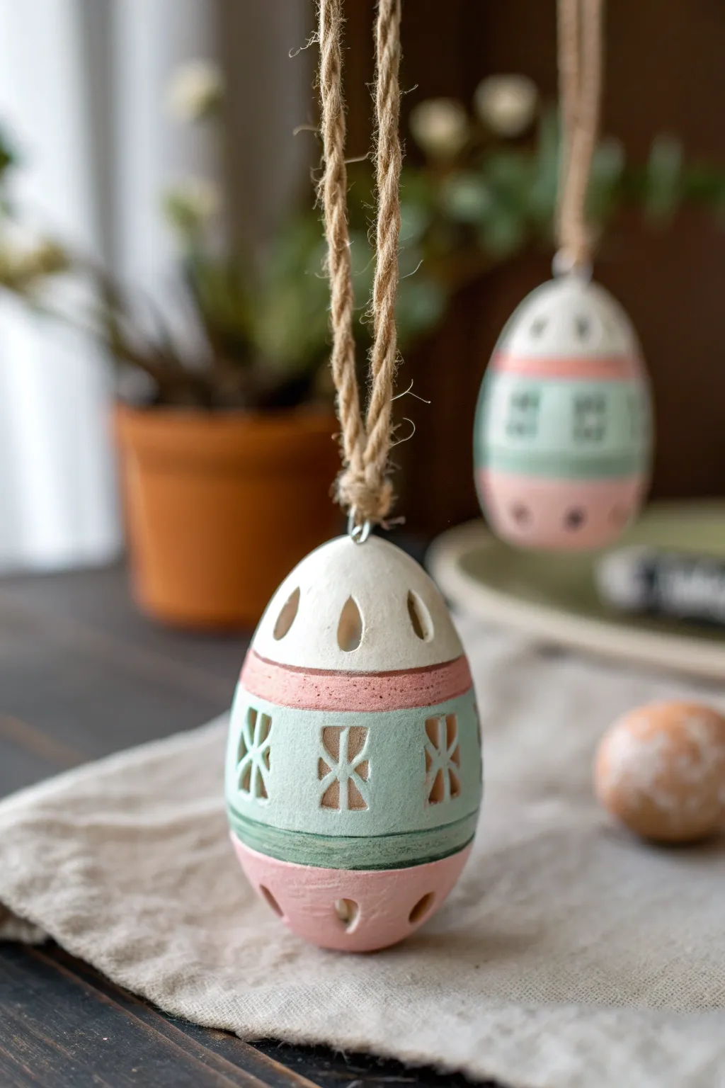 Layered cutout polymer clay egg pendant in soft pastels, a minimalist Easter craft with boho charm.