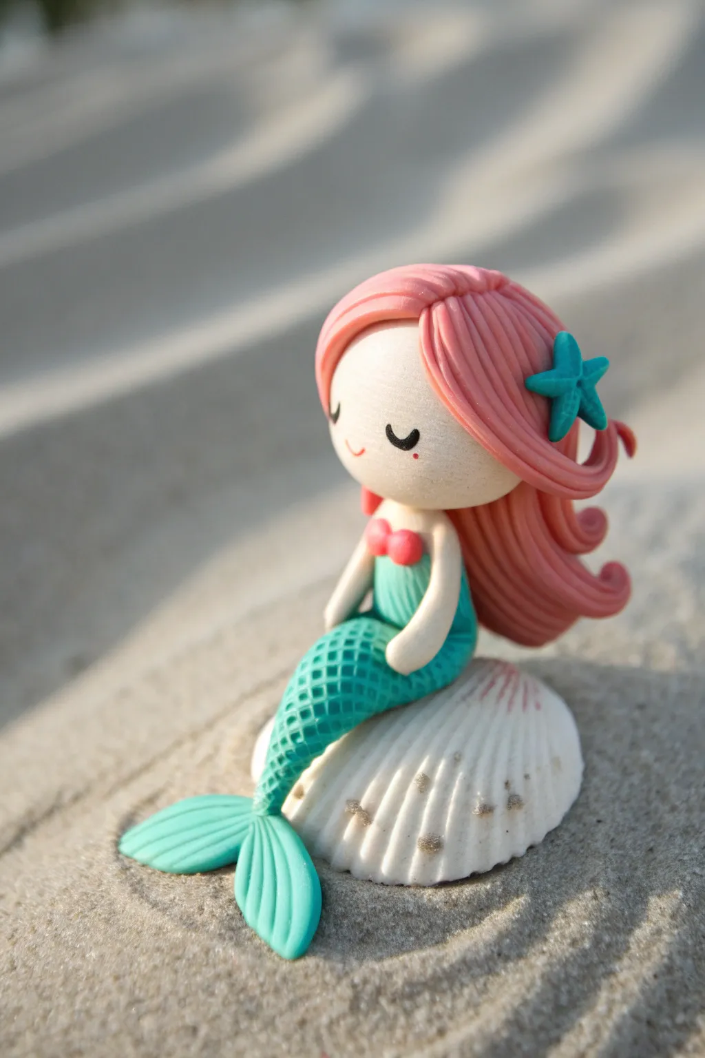 Chibi mermaid on a shell base in bold teal and coral, minimal details, handcrafted and cute.