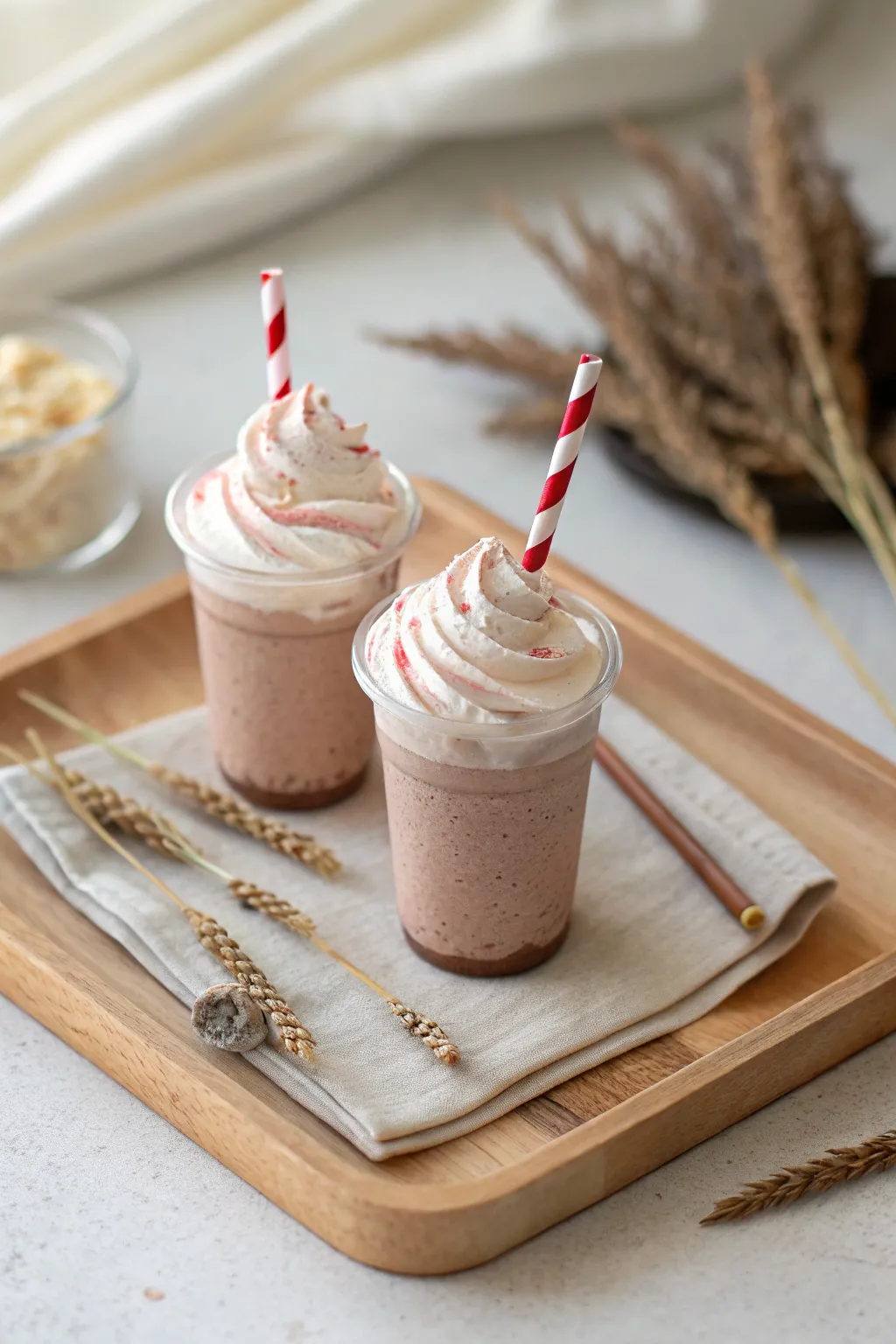 Mini milkshake and soda-float polymer clay duo with whipped cream swirls in clean Nordic style