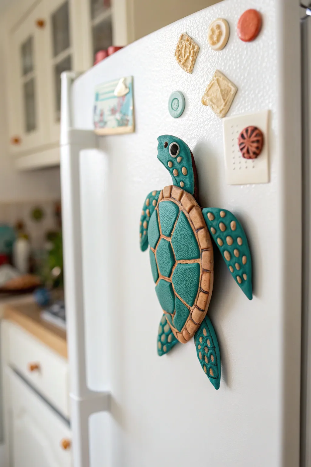 Sea turtle polymer clay magnet with a simple patterned shell, bold color on a clean white fridge