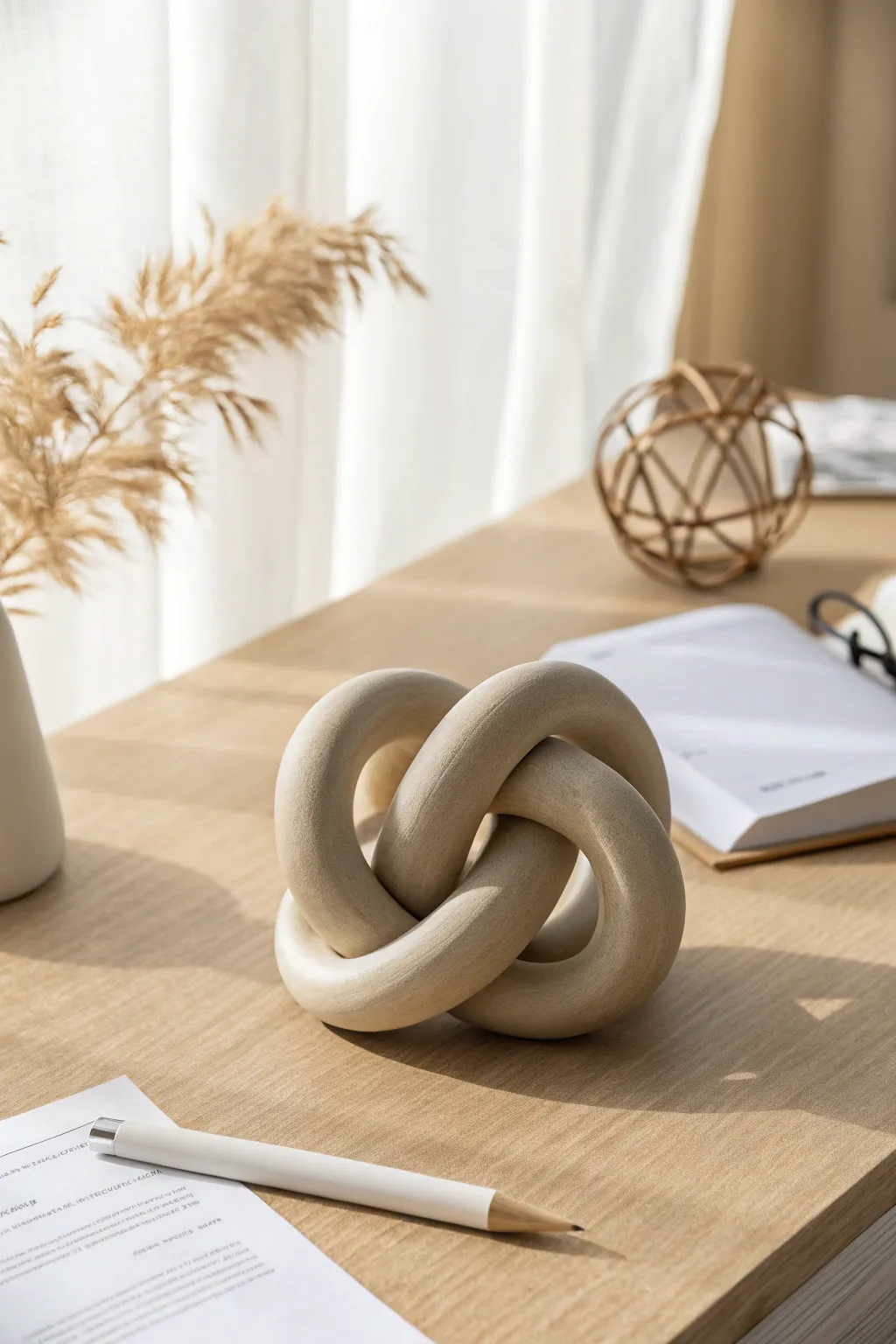 Minimalist polymer clay knot paperweight, a modern sculptural accent for any desk