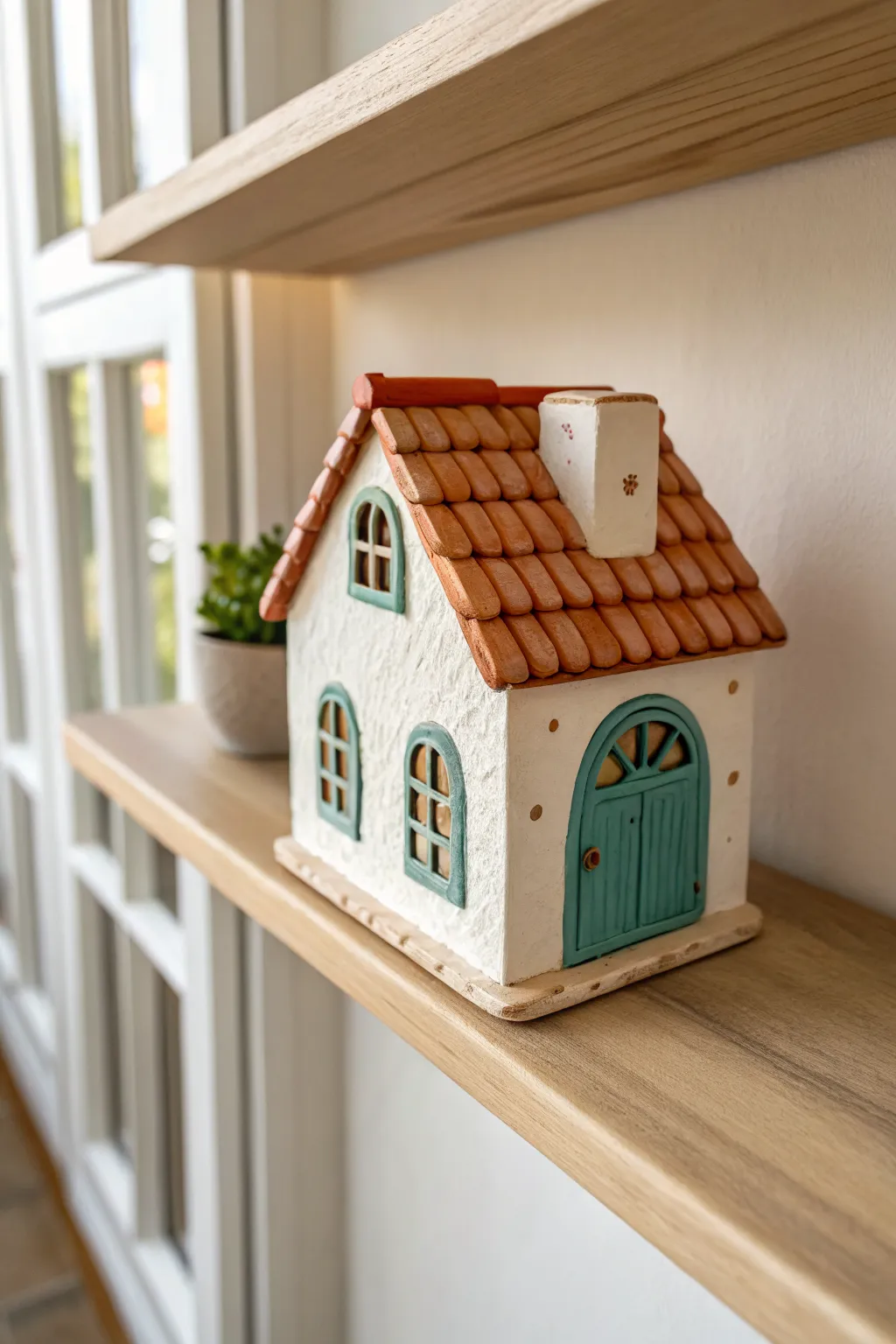 Tiny polymer clay fantasy house shelf sitter adds storybook charm to minimalist decor.