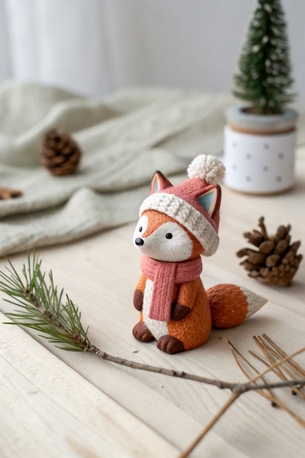 Cozy winter polymer clay fox with tiny beanie and scarf, Nordic minimal style with bold contrast