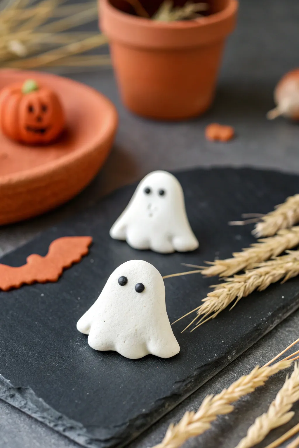 Beginner friendly polymer clay ghost charm on a moody dark backdrop for easy seasonal practice
