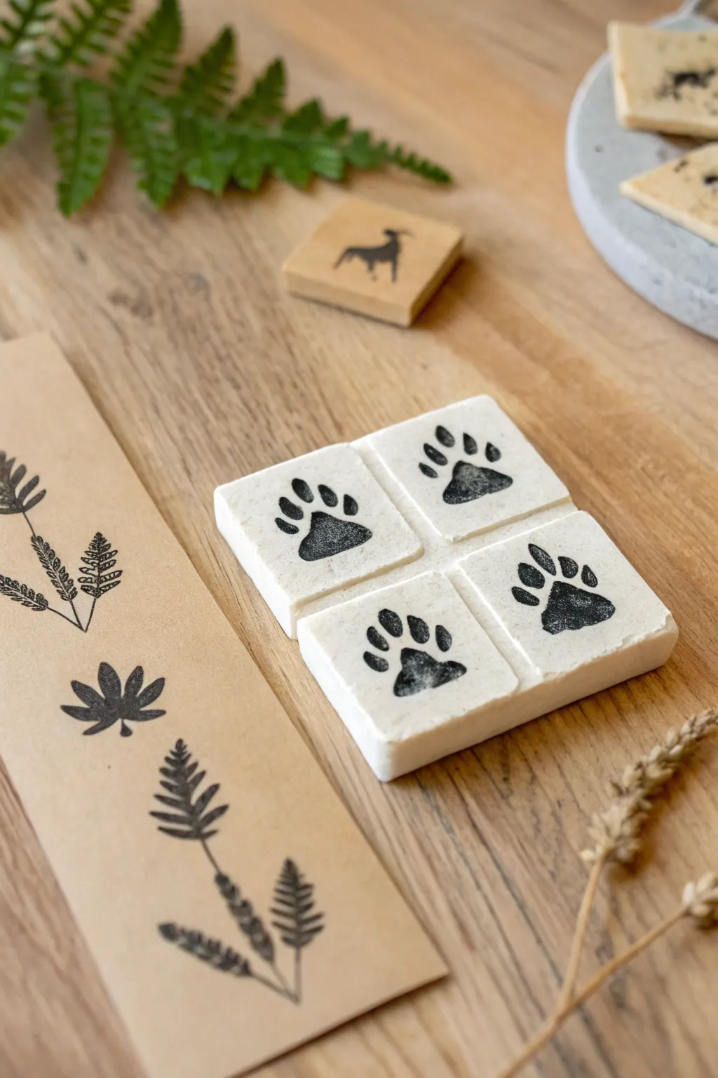Easy polymer clay dinosaur footprint stamps and matching print card in bold, minimalist style