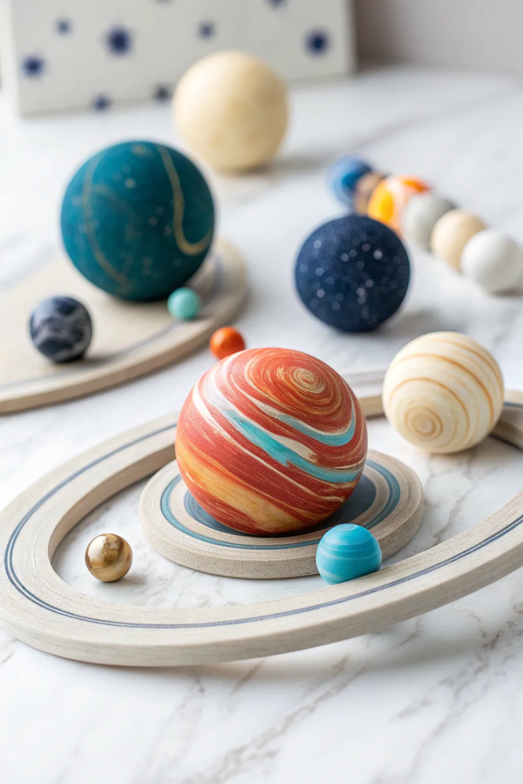 Bright, kid friendly polymer clay planets in a clean minimalist lineup, easy to recreate at home