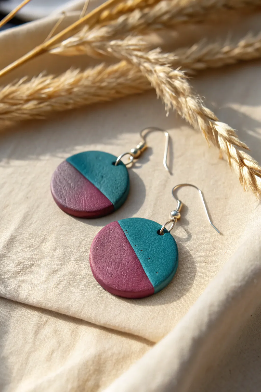 Mica shift polymer clay earrings with bold teal-magenta shimmer, minimal shapes, maximum glow.