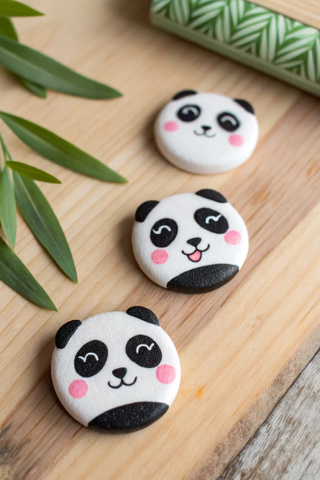 Cute panda face polymer clay magnets with crisp color blocking and rosy cheeks, ready to stick