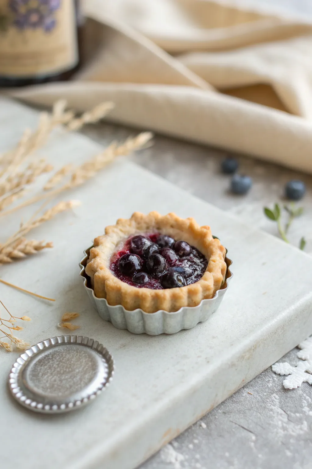 Sweet upcycle: a tiny polymer clay pie baked in a bottle-cap tin, bold color and cozy minimal style.
