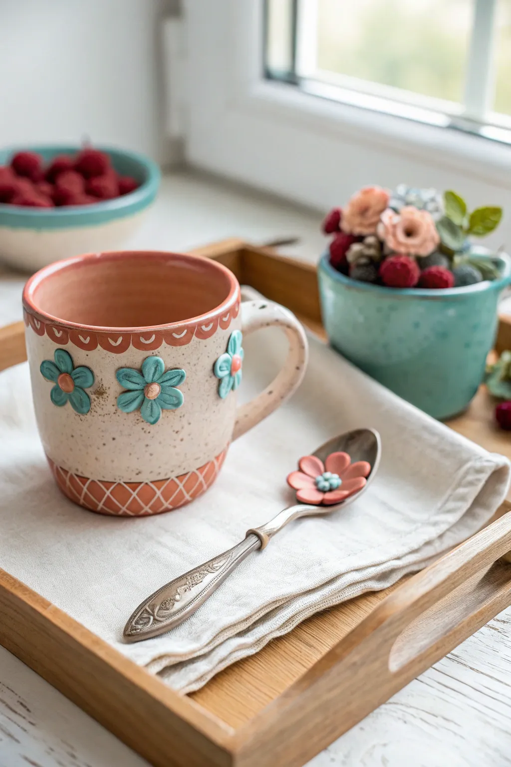 Cozy polymer clay mug and matching spoon topper set in bold boho colors, cocoa ready.